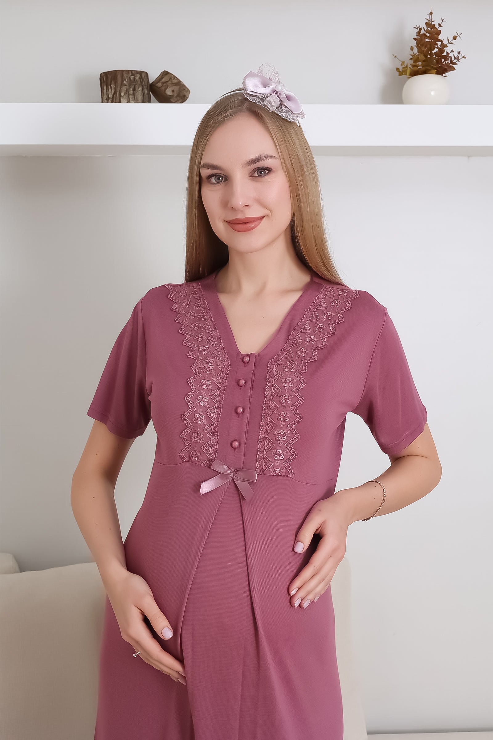 Hamile Gecelik Takımı Sabahlıklı V yakalı Dantel Detaylı 2'li Önü Düğmeli - 2290