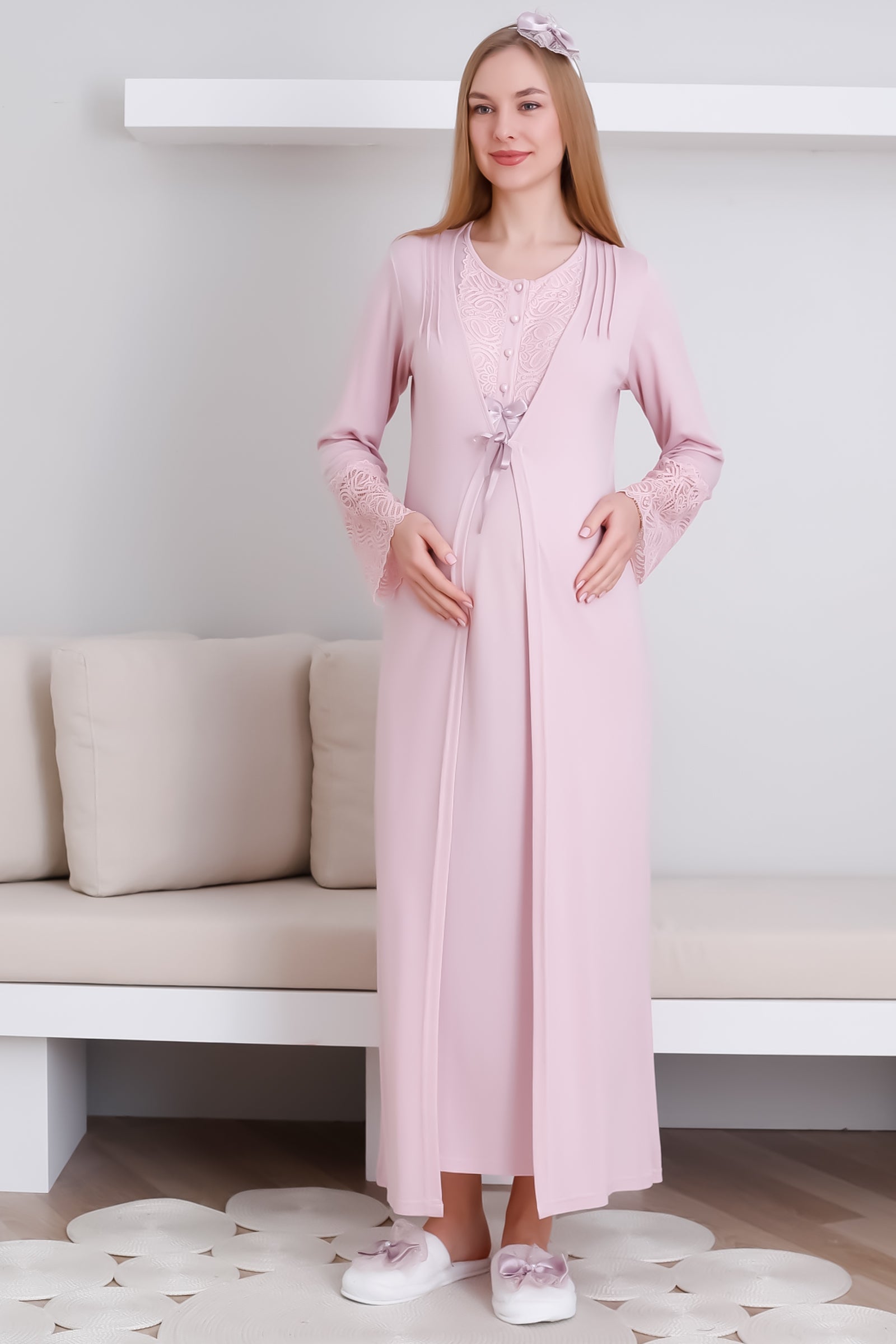 Hamile Kısa Kol Gecelik & Sabahlık Takım / Dantel ve Düğmeli Hamile Giyim - 2291