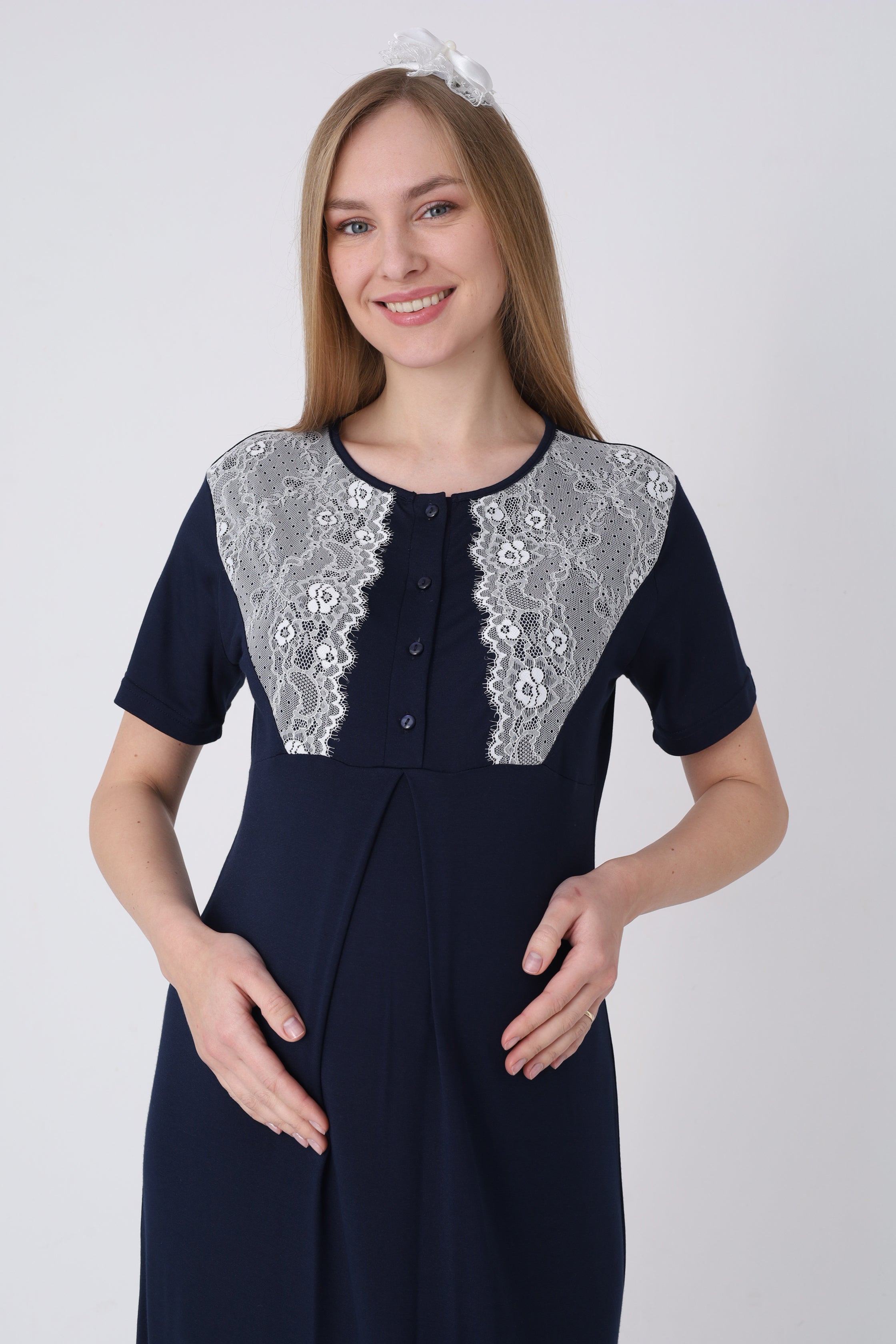 Hamile Gecelik ve Sabahlık Takımı – Lohusa Gecelik Seti, Puantiyeli Dantel Detaylı Pamuk Viskon - 2323