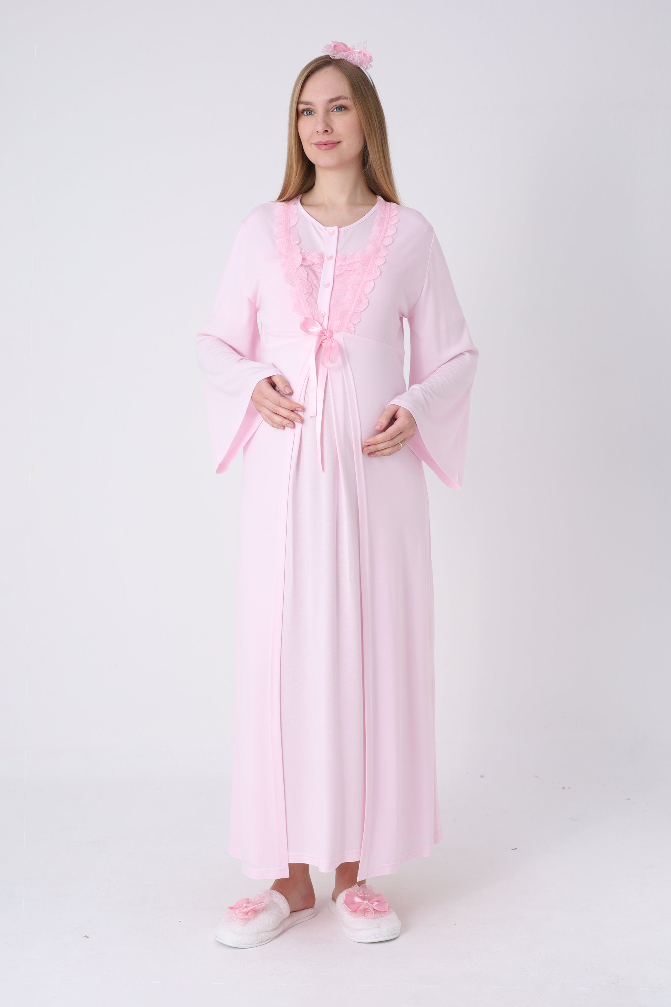 Hamile Gecelik ve Sabahlık Takımı – Lohusa Gecelik Seti, İspanyol Kollu Yaka Dantelli Pamuk Viskon - 2324