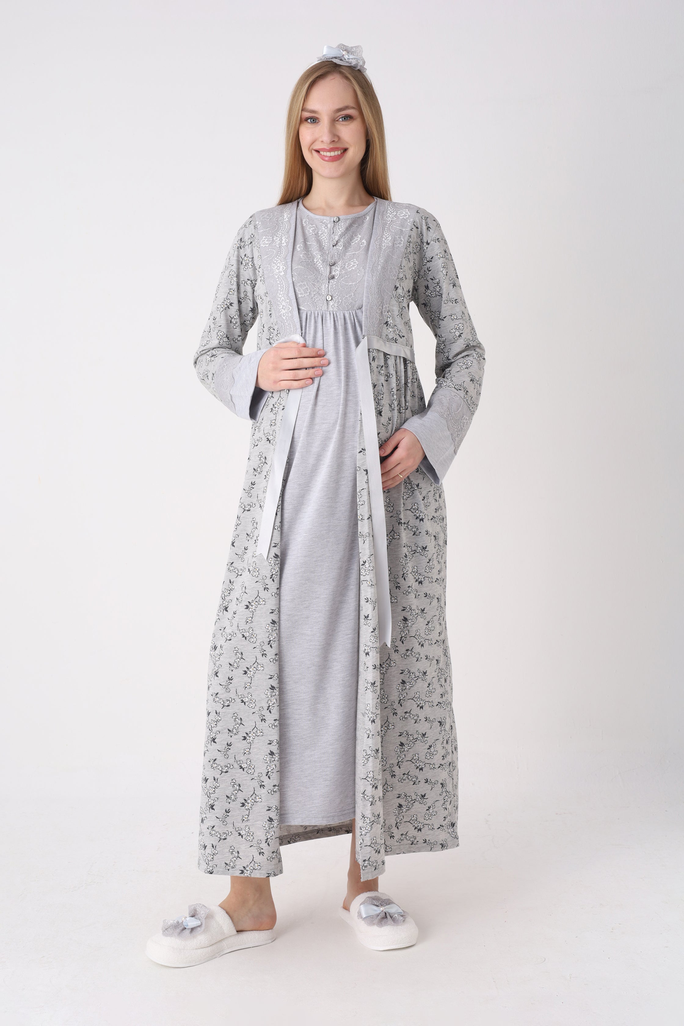 Çiçek Desenli Sabahlıklı Dantel Yakalı Lohusa Gecelik Takımı - 2327