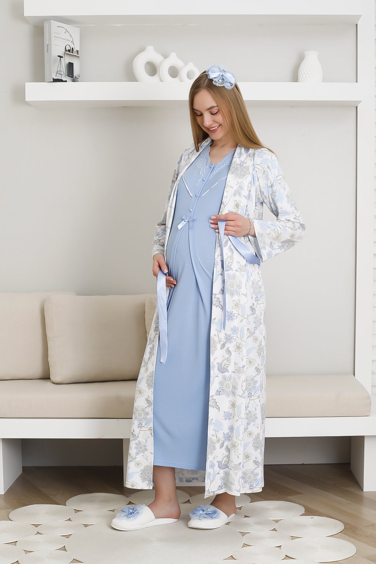 Lohusa Hamile Gecelik ve Sabahlık Giyim / Desenli Sabahlıklı Pamuk Viskon Kumaş 2299