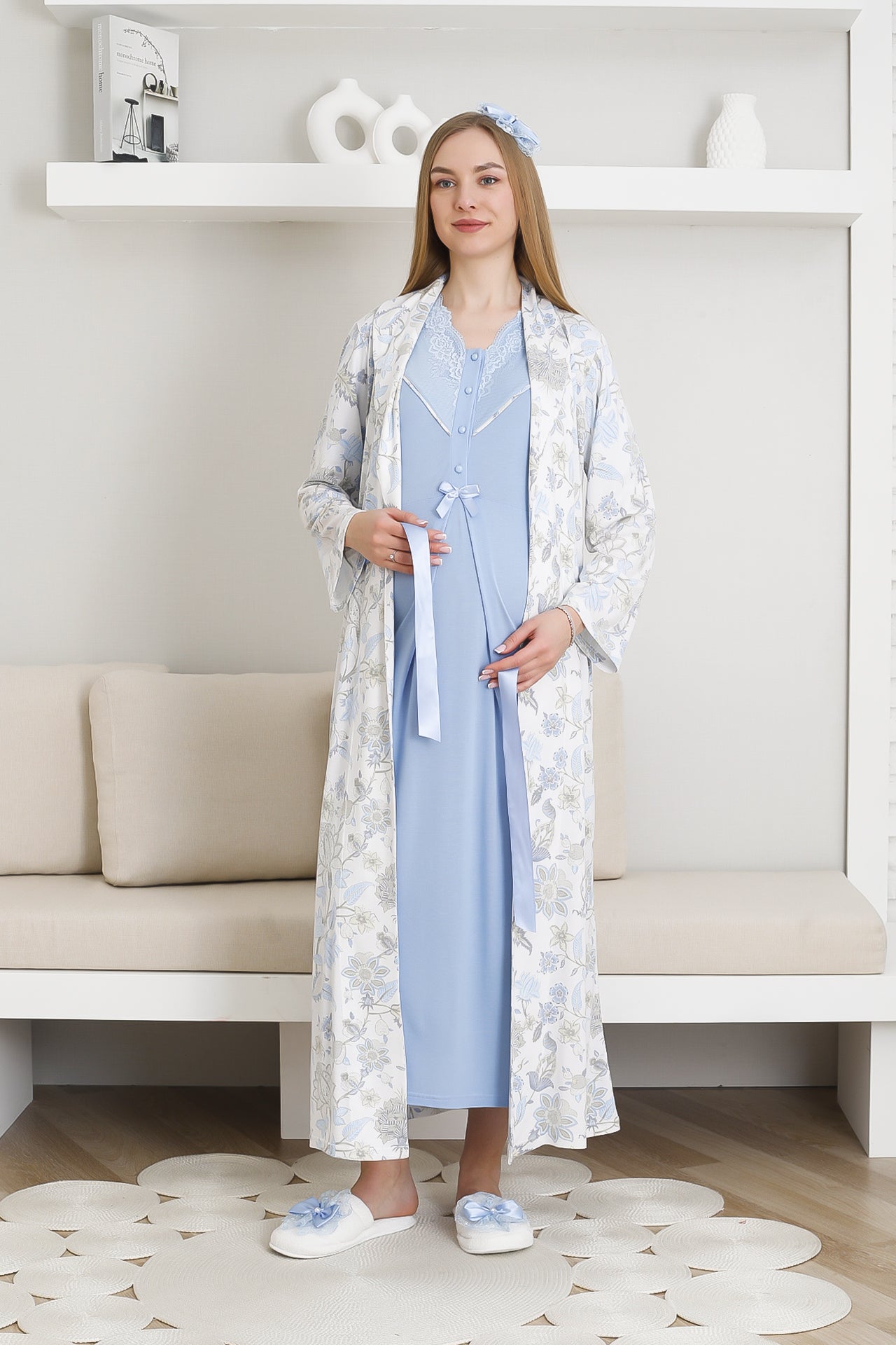 Lohusa Hamile Gecelik ve Sabahlık Giyim / Desenli Sabahlıklı Pamuk Viskon Kumaş 2299