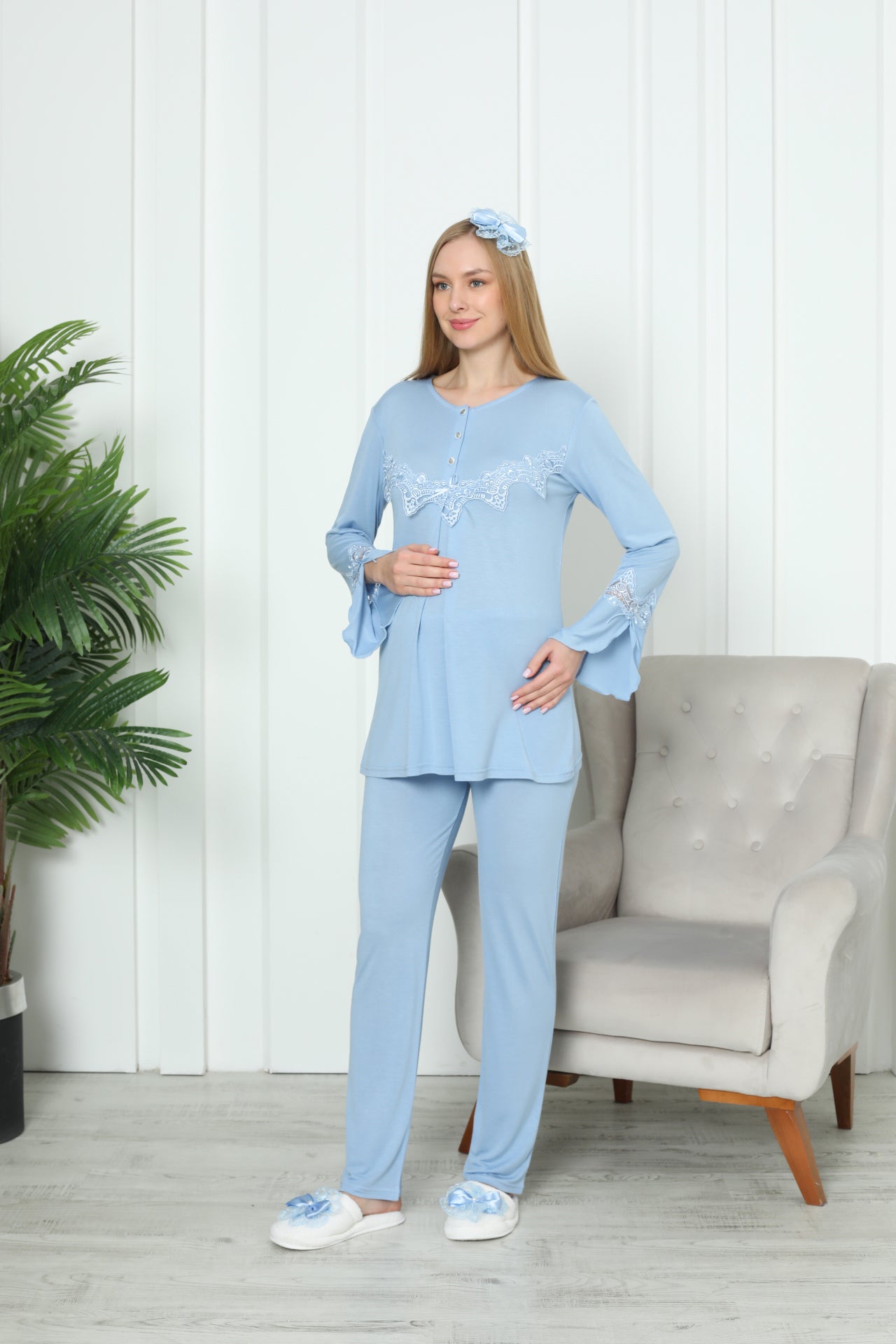 Hamile Pijama Takım Yırtmaçlı Kol Dantel Detaylı Düğmeli Emzirmeli 1170