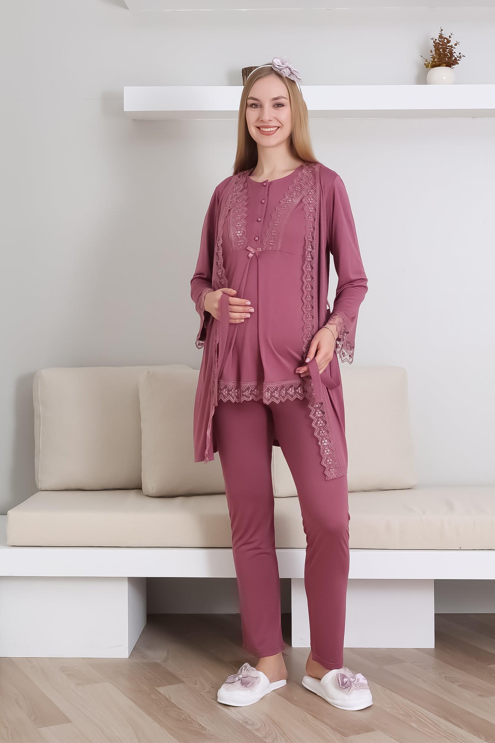 Hamile Pijama Takımı Düğmeli Dantel Şeritli Emzirme / Tesettür İçin Uygun - 3430