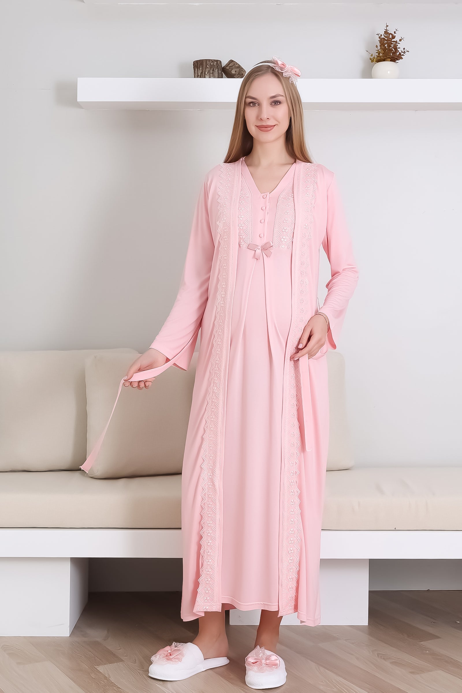 Hamile Gecelik Takımı Sabahlıklı V yakalı Dantel Detaylı 2'li Önü Düğmeli - 2290