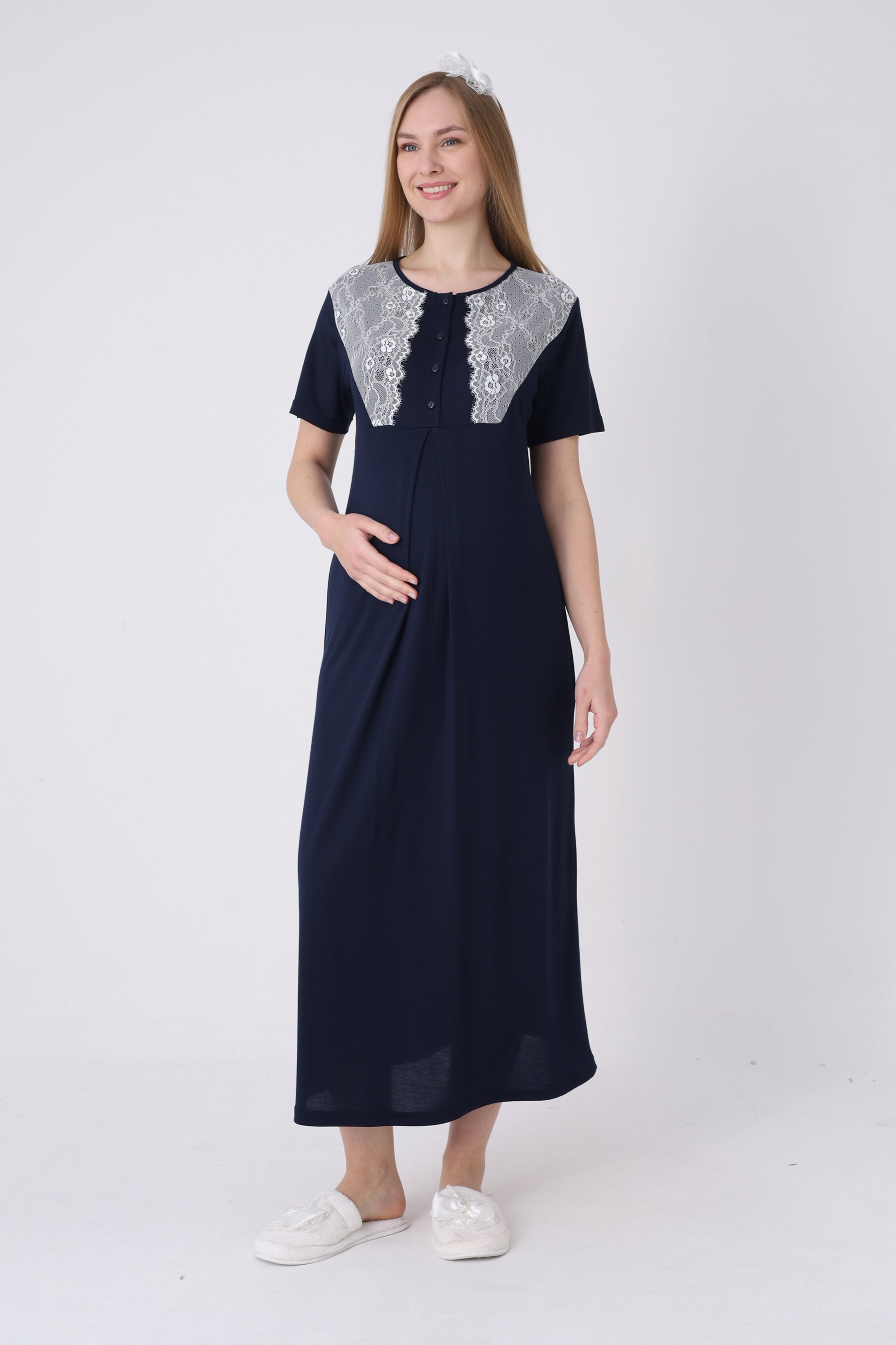 Hamile Gecelik ve Sabahlık Takımı – Lohusa Gecelik Seti, Puantiyeli Dantel Detaylı Pamuk Viskon - 2323