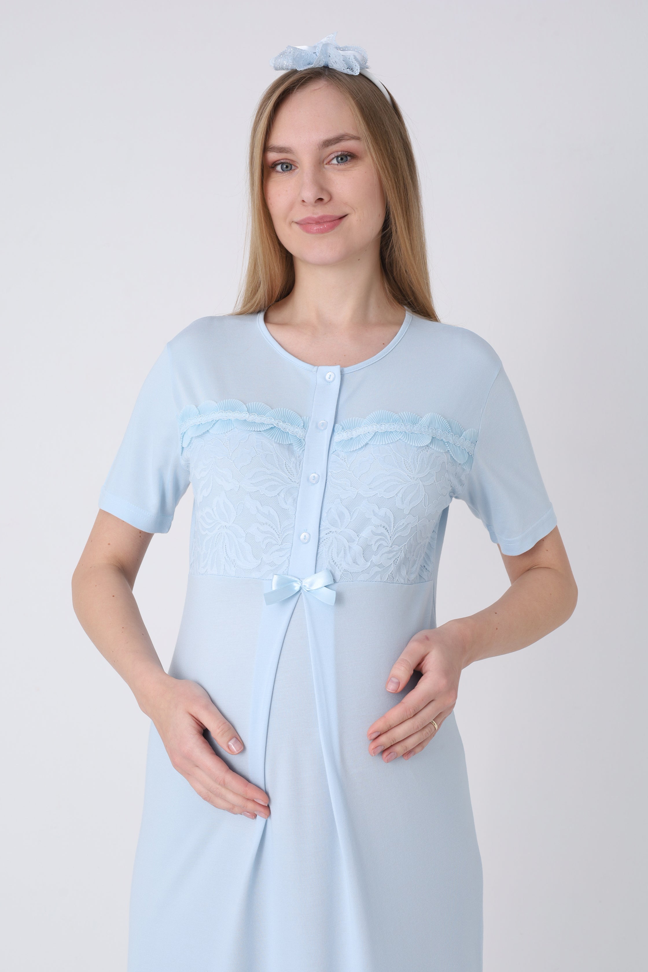 Hamile Gecelik ve Sabahlık Takımı – Lohusa Gecelik Seti, İspanyol Kollu Yaka Dantelli Pamuk Viskon - 2324