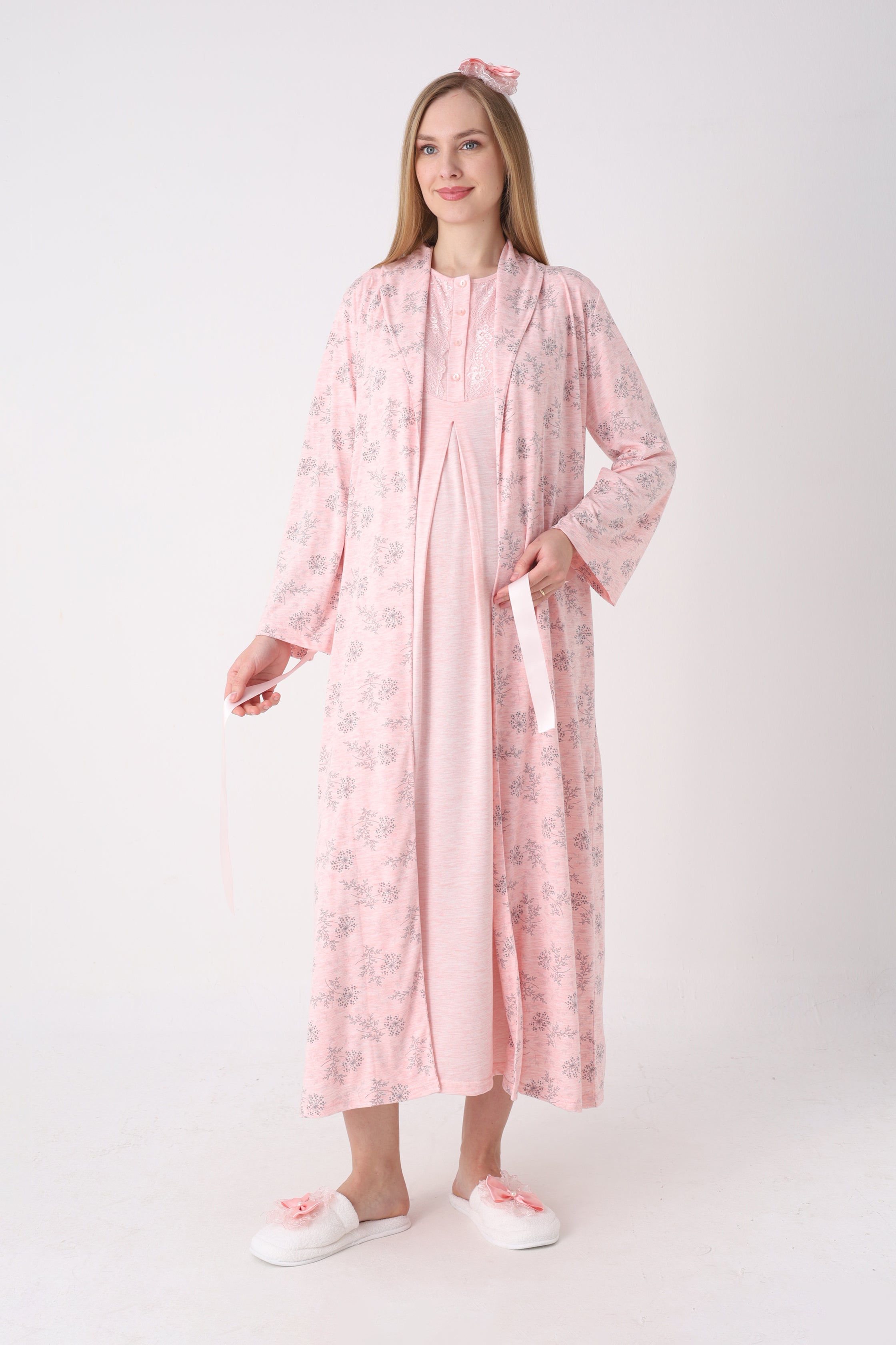 Dantelli Melanj Dokulu Hamile Lohusa Gecelik Sabahlık 2'li Takım - 2328