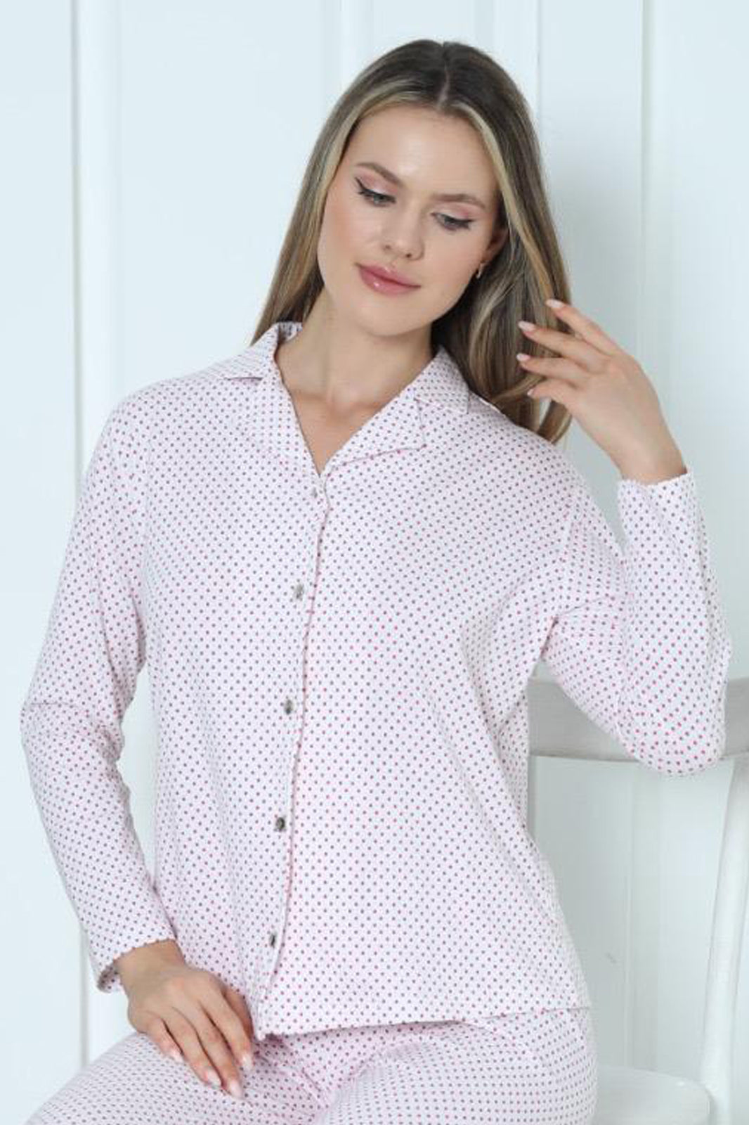 Pamuklu / Uzun Kollu Önü Düğmeli Kadın Pijama Takımı - 0249