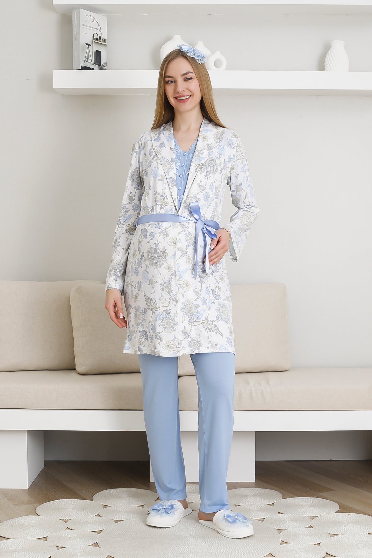 Desenli Hamile Pijama ve Sabahlıklı Takım / Pamuk-Viskon Kumaş / Bel Ayarlı 3440