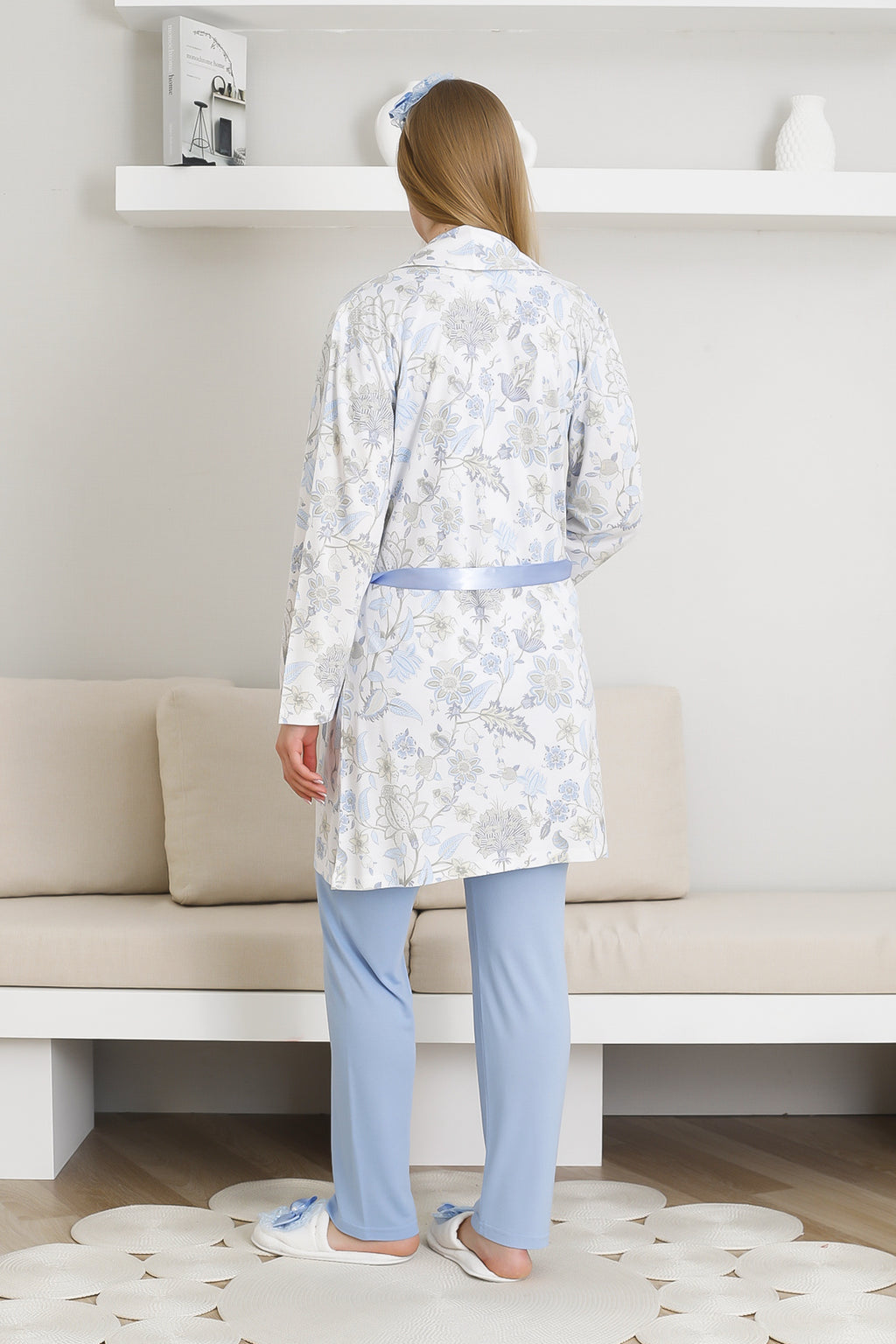 Desenli Hamile Pijama ve Sabahlıklı Takım / Pamuk-Viskon Kumaş / Bel Ayarlı 3440
