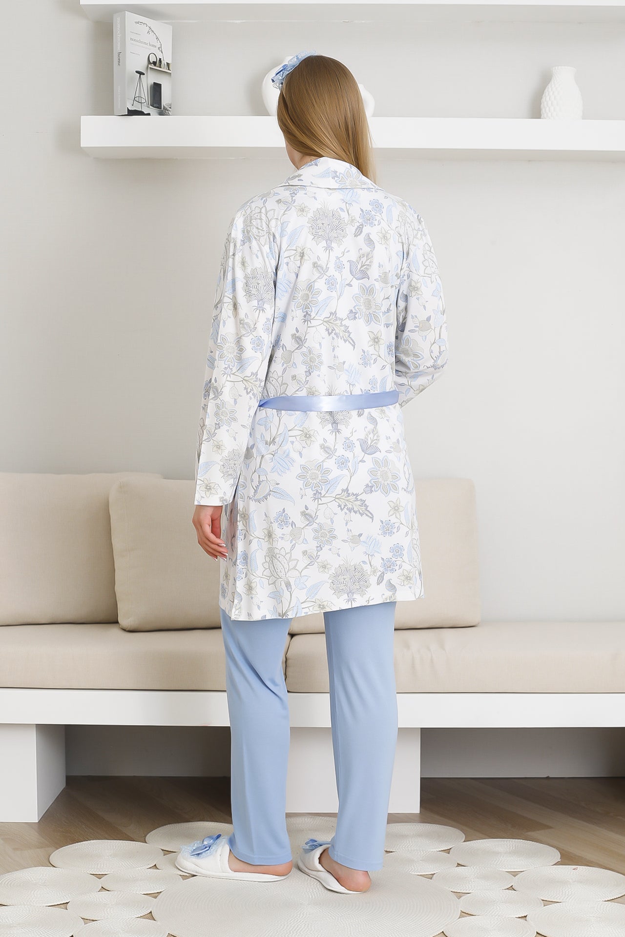 Desenli Hamile Pijama ve Sabahlıklı Takım / Pamuk-Viskon Kumaş / Bel Ayarlı 3440