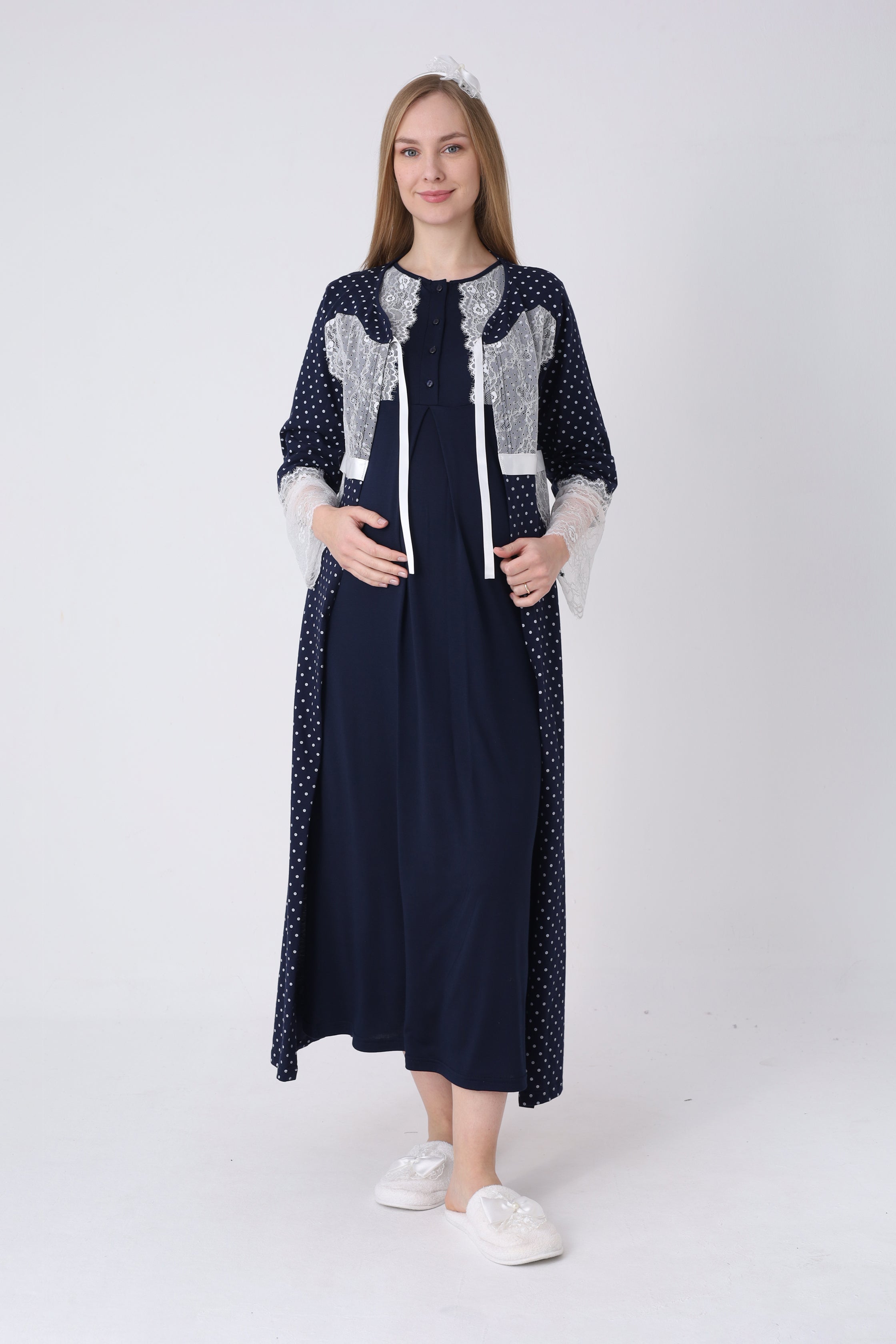 Hamile Gecelik ve Sabahlık Takımı – Lohusa Gecelik Seti, Puantiyeli Dantel Detaylı Pamuk Viskon - 2323