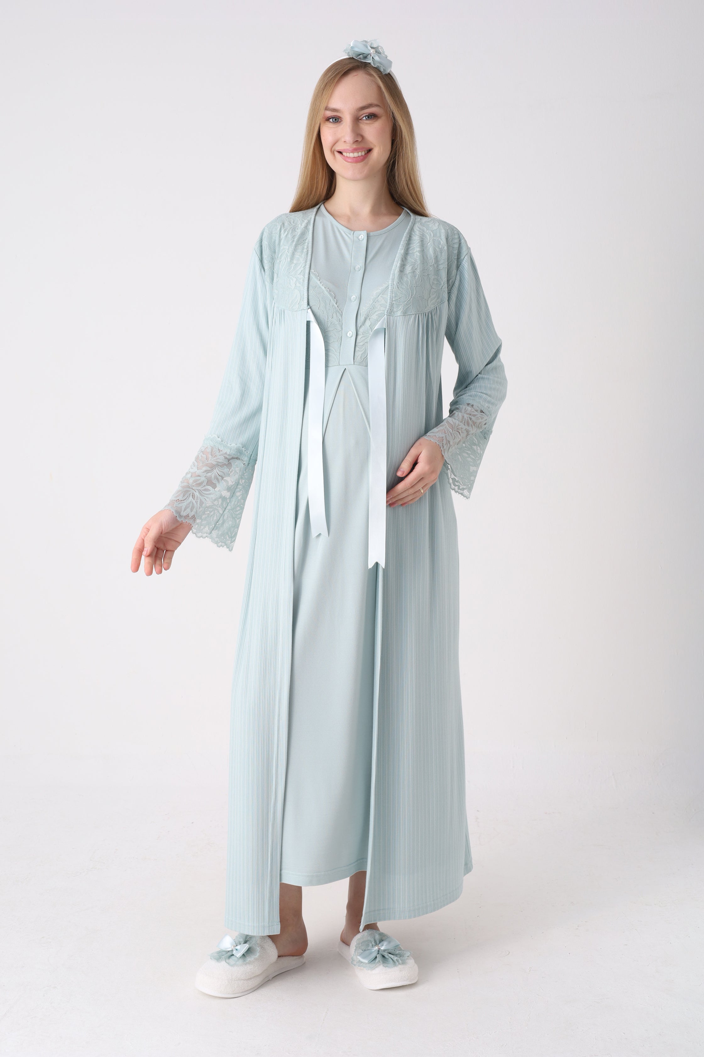 Fitilli Sabahlıklı Dantelli Hamile Lohusa Gecelik Takımı - 2326