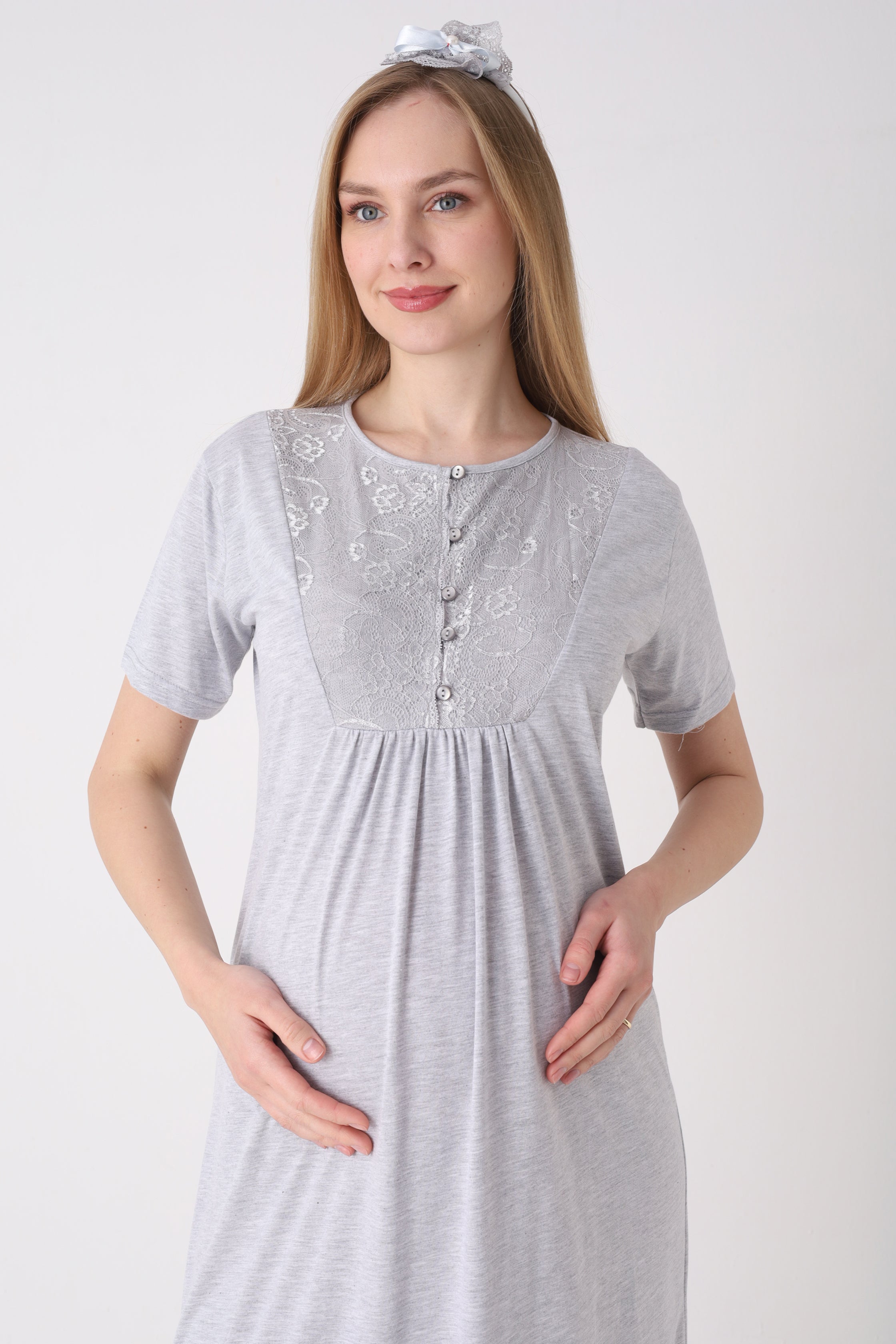 Çiçek Desenli Sabahlıklı Dantel Yakalı Lohusa Gecelik Takımı - 2327