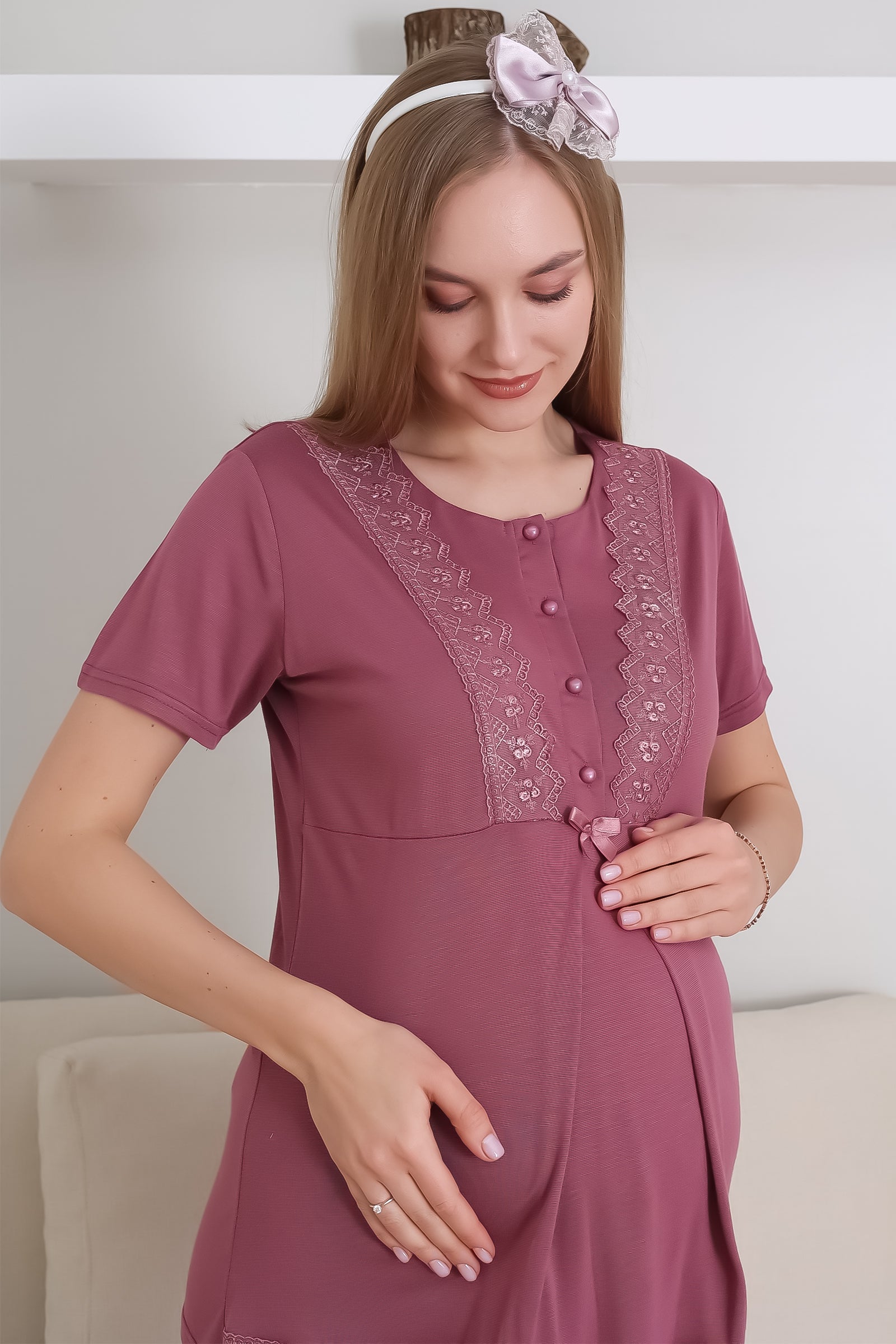 Hamile Pijama Takımı Düğmeli Dantel Şeritli Emzirme / Tesettür İçin Uygun - 3430