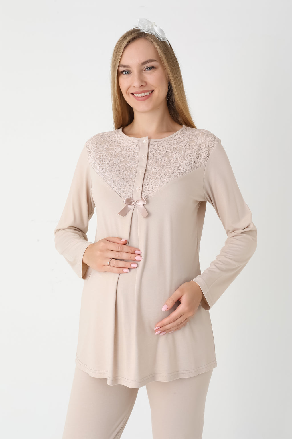 Dantel Detaylı 3'lü Lohusa Hamile Pijama ve Sabahlık Takımı - Nar Çiçeği & Bej - 3449