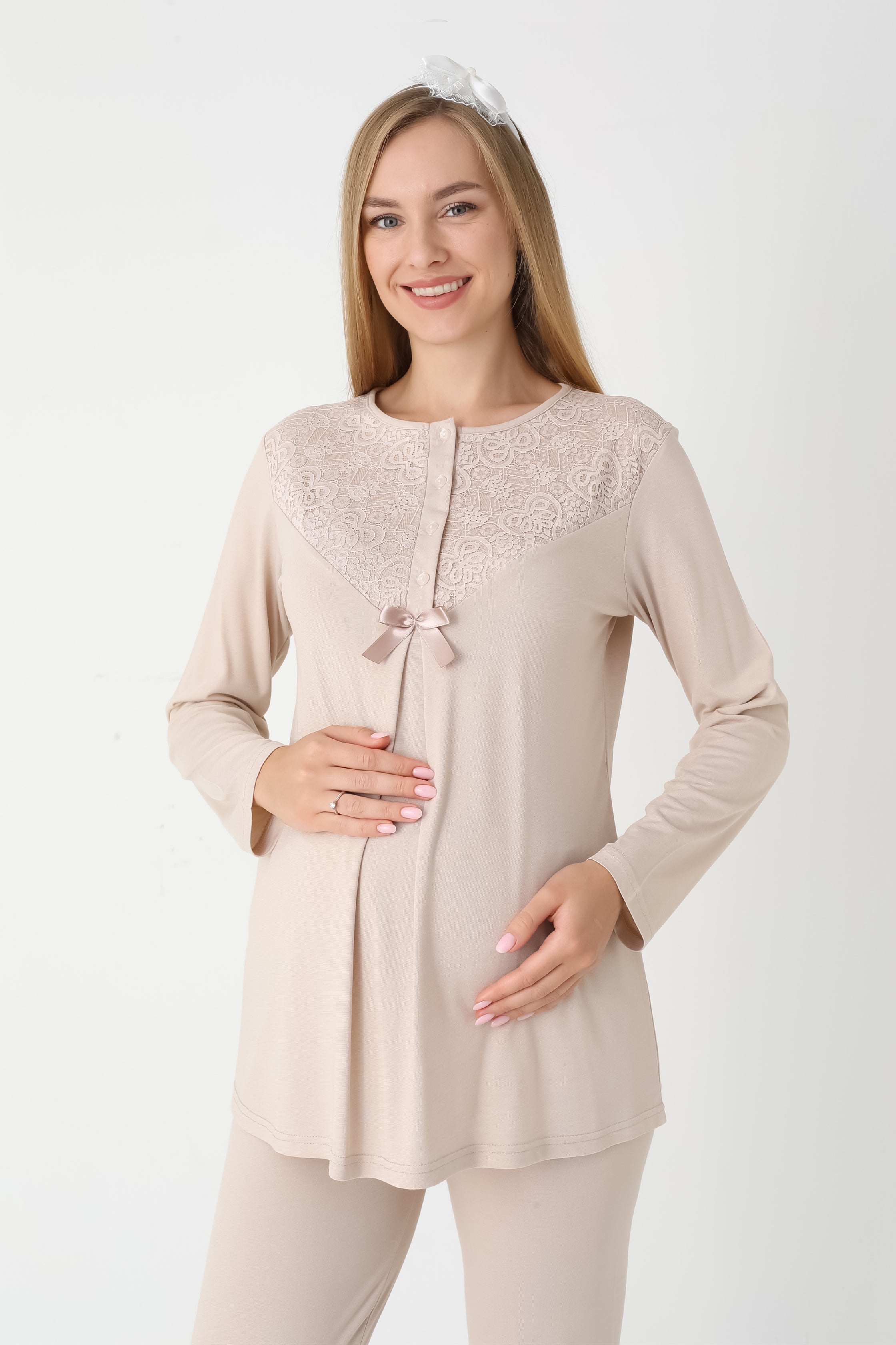 Dantel Detaylı 3'lü Lohusa Hamile Pijama ve Sabahlık Takımı - Nar Çiçeği & Bej - 3449