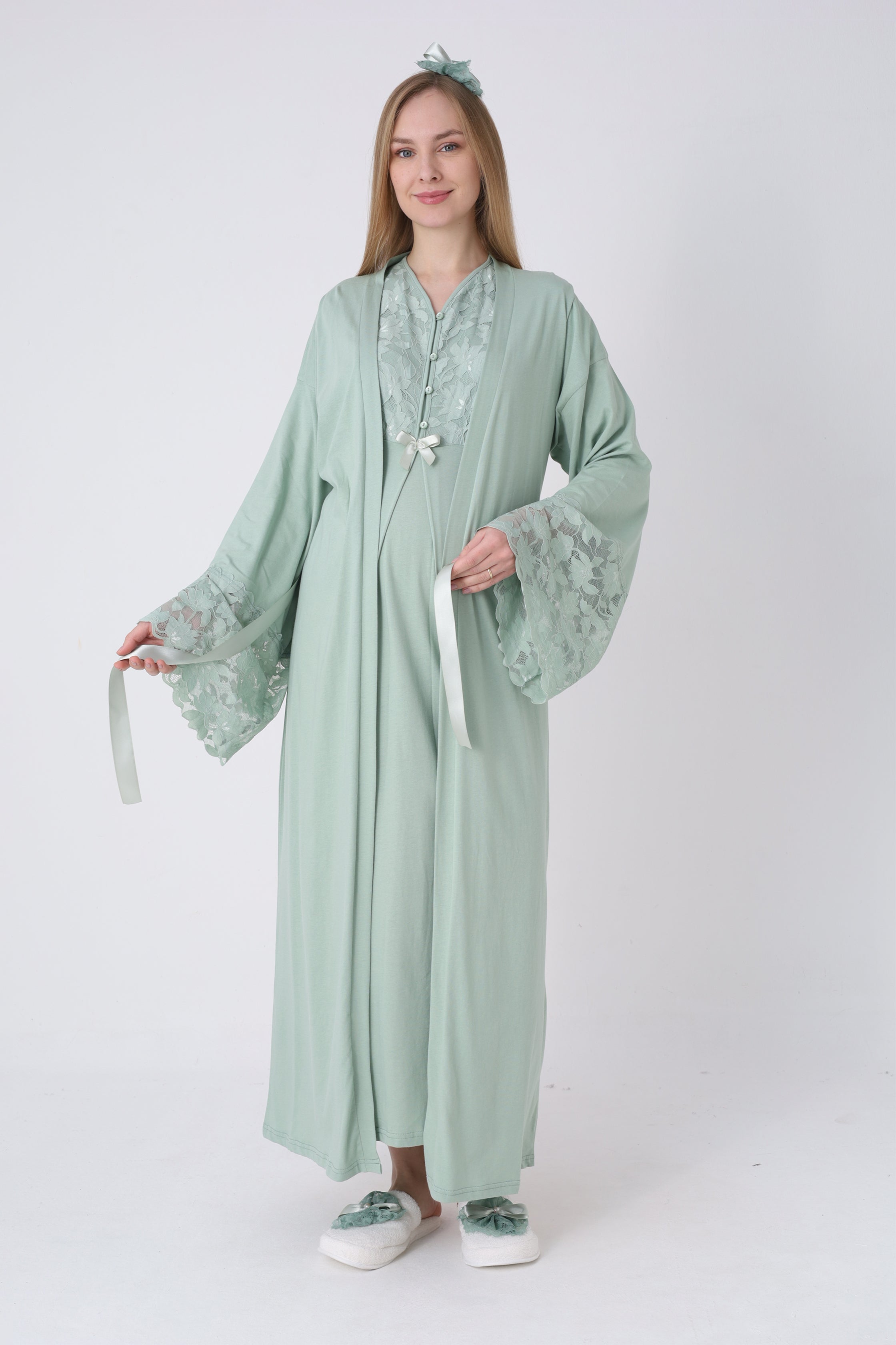 Hamile Gecelik ve Sabahlık Takımı – Lohusa Seti, Geniş Dantel Kollu Pamuklu - 2325