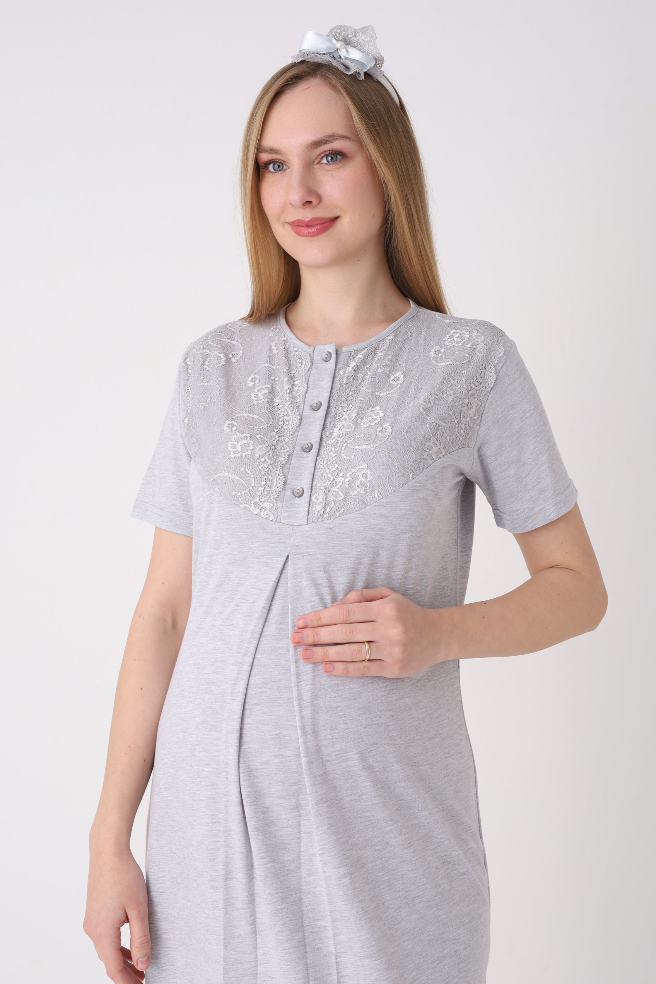 Dantelli Melanj Dokulu Hamile Lohusa Gecelik Sabahlık 2'li Takım - 2328