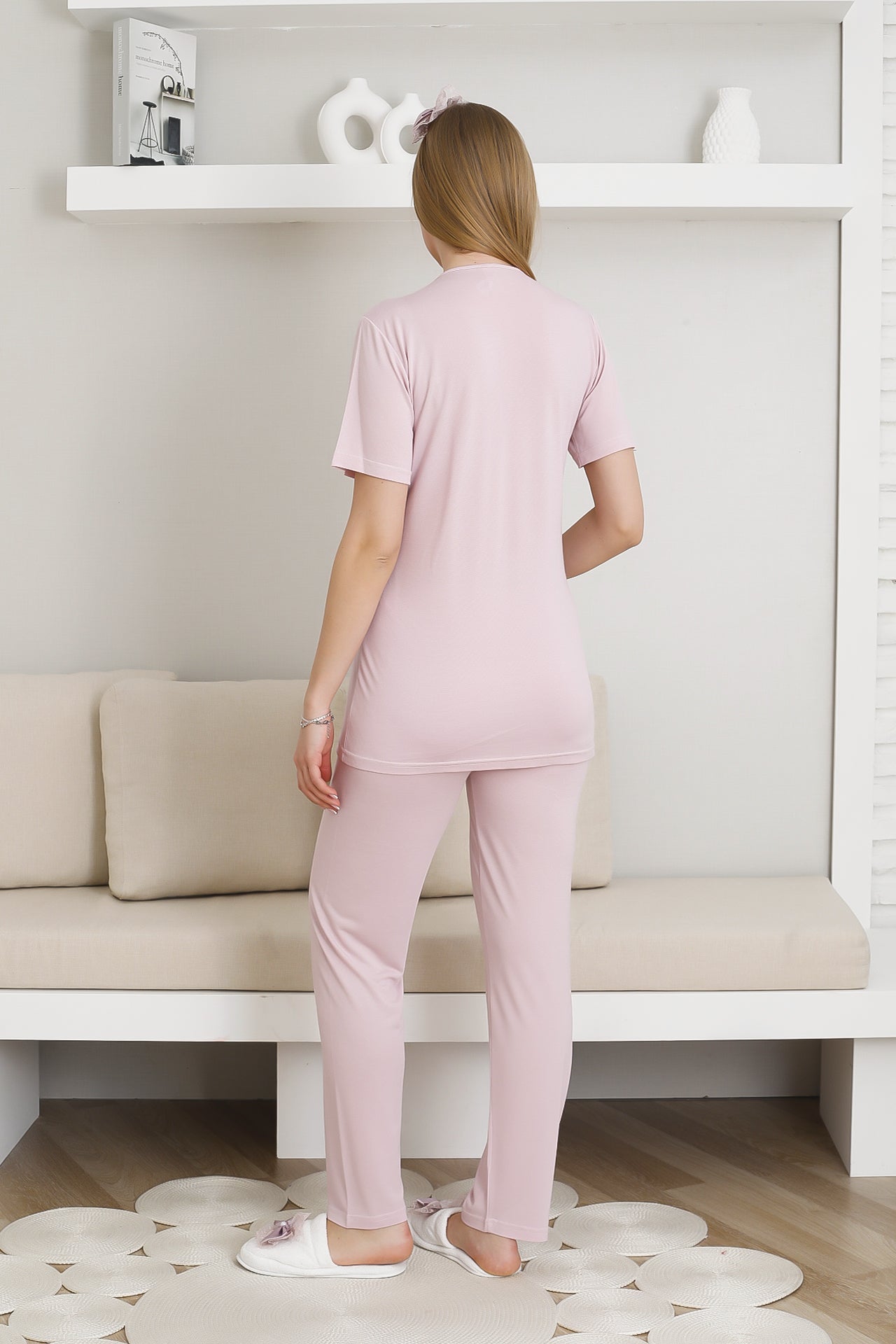 Desenli Hamile Pijama ve Sabahlıklı Takım / Pamuk-Viskon Kumaş / Bel Ayarlı 3440