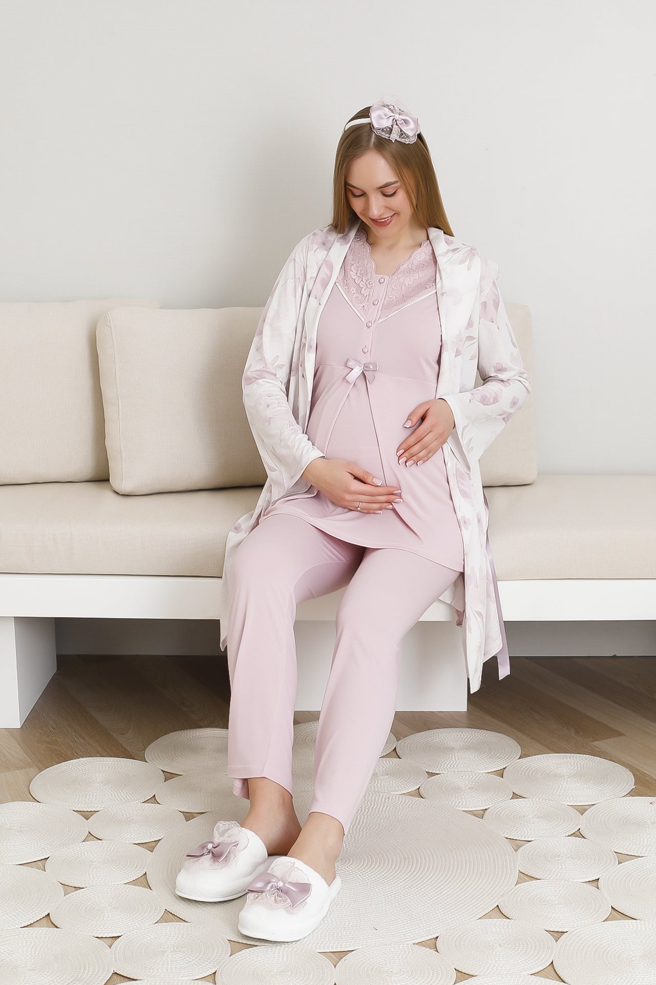 Desenli Hamile Pijama ve Sabahlıklı Takım / Pamuk-Viskon Kumaş / Bel Ayarlı 3440