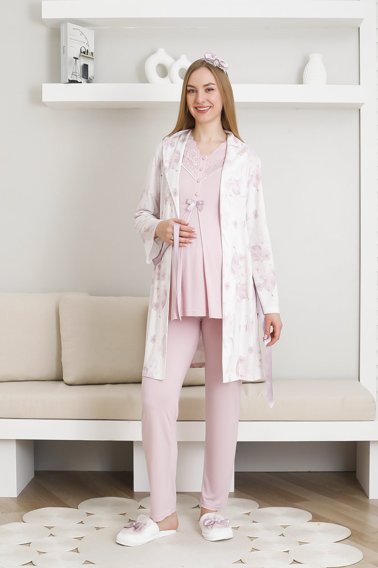 Desenli Hamile Pijama ve Sabahlıklı Takım / Pamuk-Viskon Kumaş / Bel Ayarlı 3440