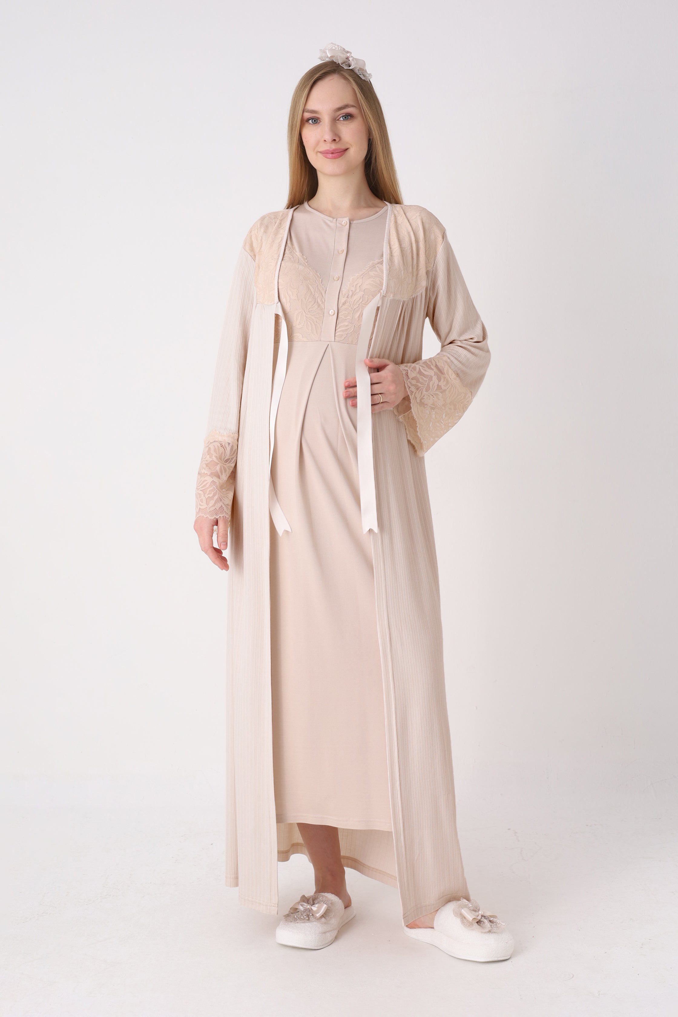 Fitilli Sabahlıklı Dantelli Hamile Lohusa Gecelik Takımı - 2326