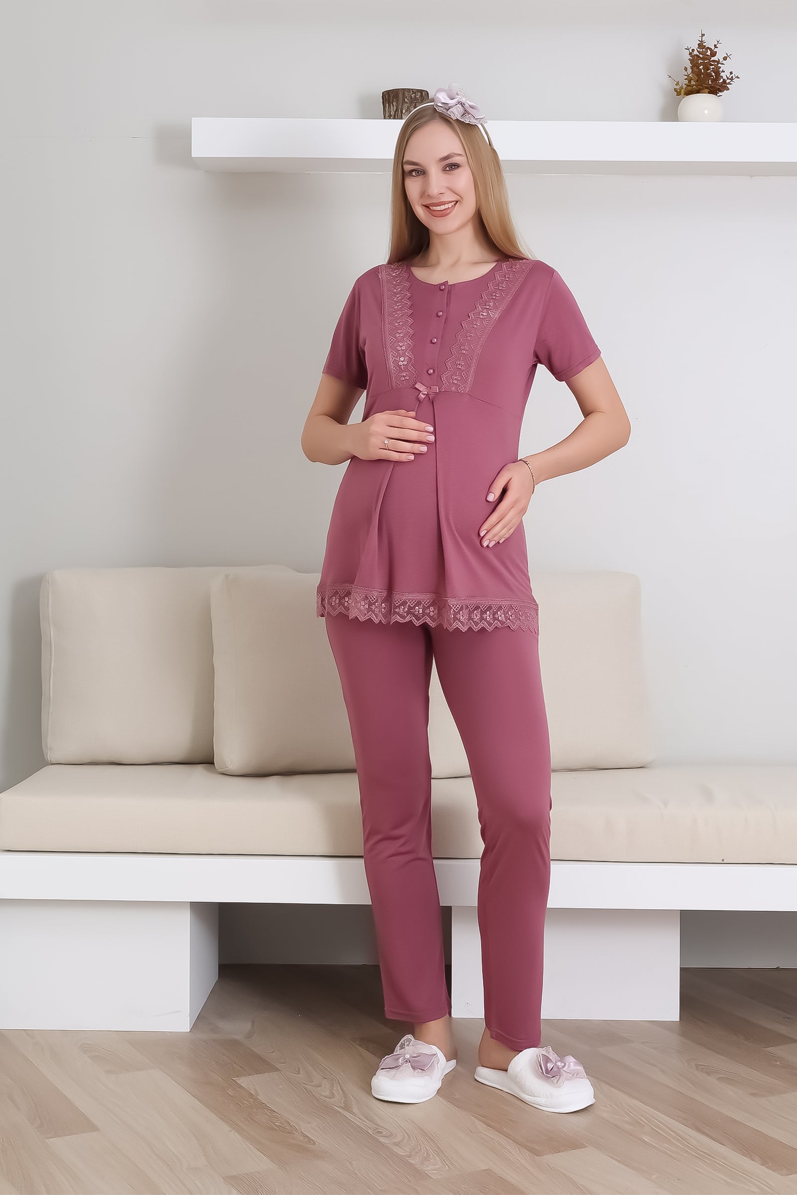Hamile Pijama Takımı Düğmeli Dantel Şeritli Emzirme / Tesettür İçin Uygun - 3430