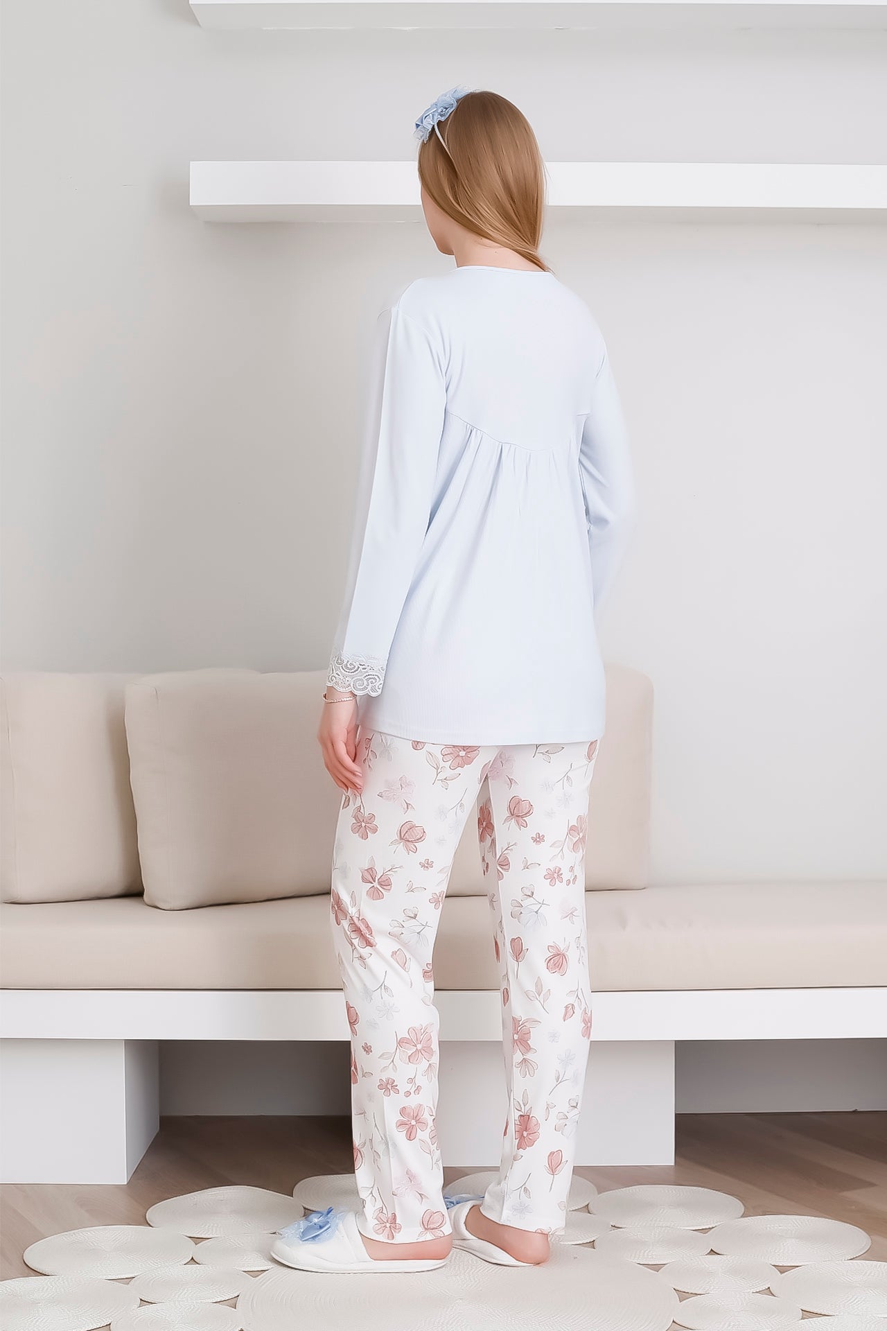 Hamile pijama takımı melisa kumaş çiçek desenli dantel önden düğmeli 10