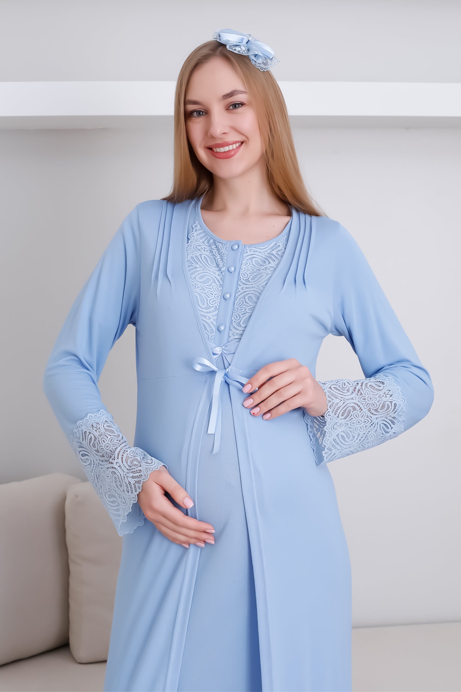 Hamile Kısa Kol Gecelik & Sabahlık Takım / Dantel ve Düğmeli Hamile Giyim - 2291