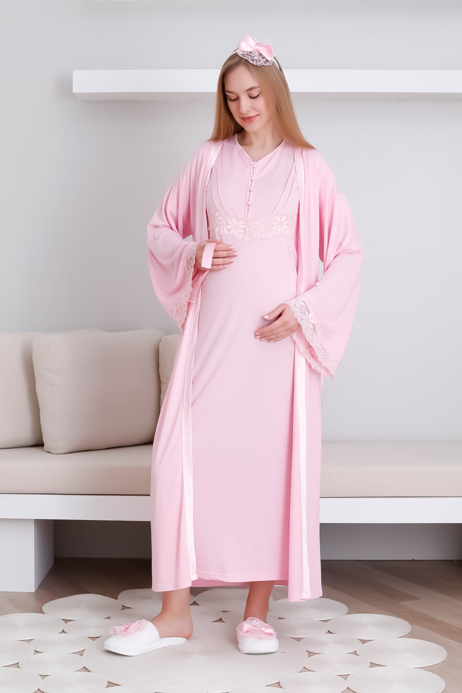 Hamile Gecelik Takım Önü Düğmeli 2'li Gecelik ve Sabahlık Takım Kısa Kol Gecelik & Uzun Kol Sabahlık - 2293