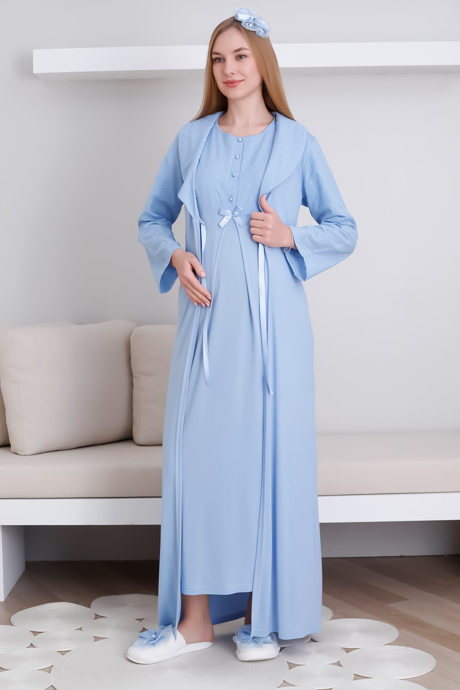 Hamile Gecelik ve Sabahlık Takım Şal Yakalı Viskon 2'li Lohusa Takım - 2298