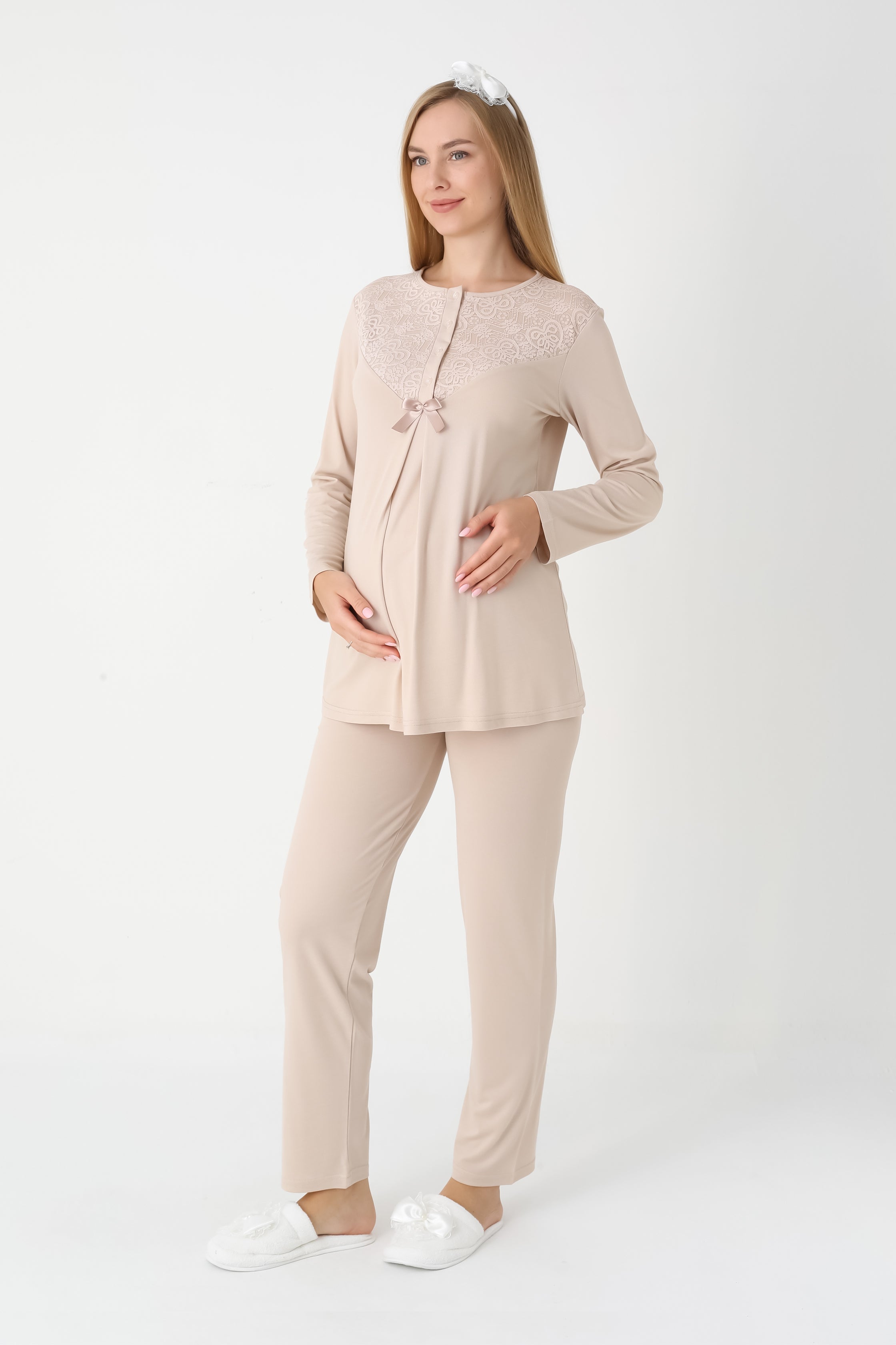 Dantel Detaylı 3'lü Lohusa Hamile Pijama ve Sabahlık Takımı - Nar Çiçeği & Bej - 3449