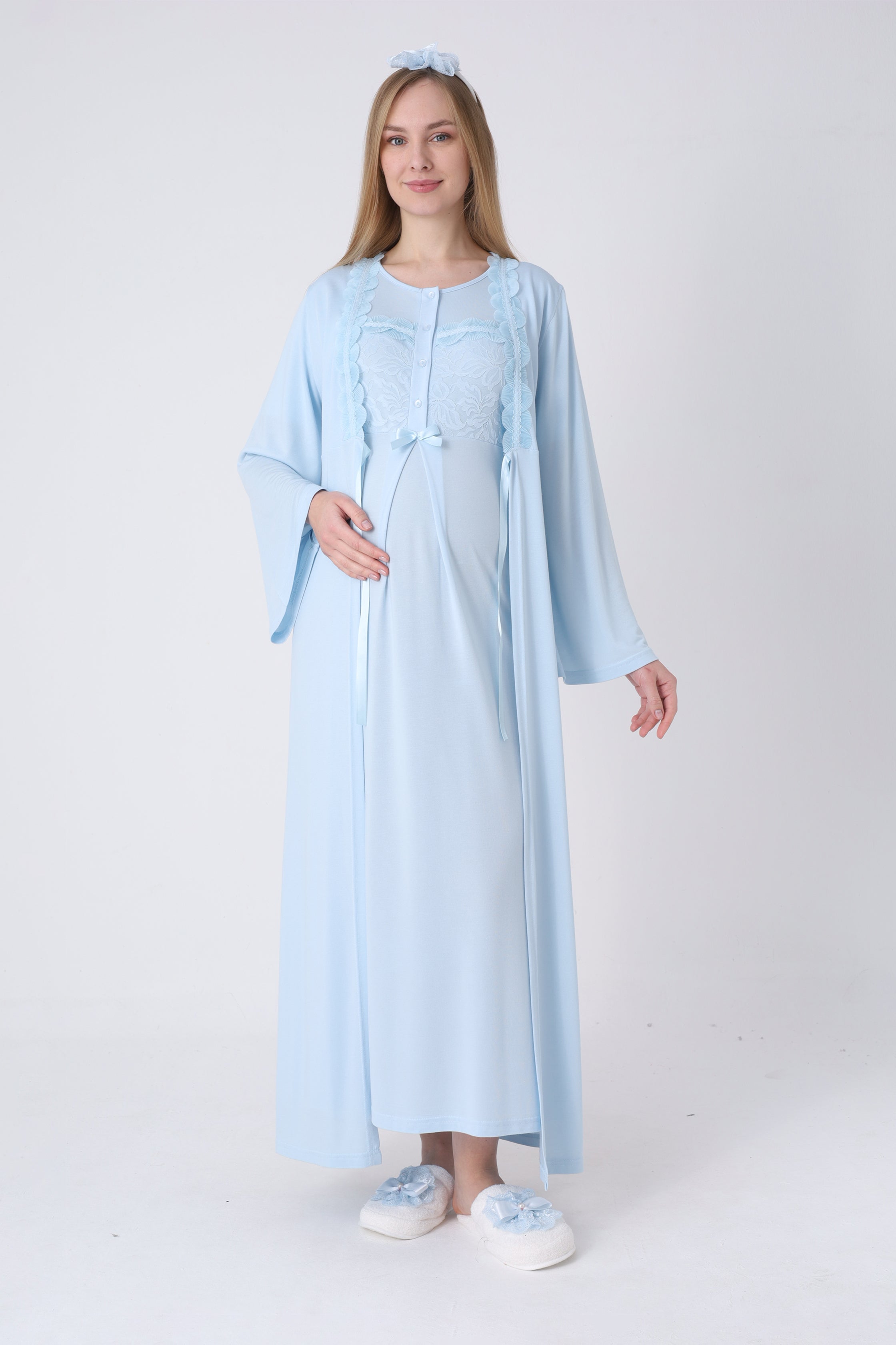 Hamile Gecelik ve Sabahlık Takımı – Lohusa Gecelik Seti, İspanyol Kollu Yaka Dantelli Pamuk Viskon - 2324