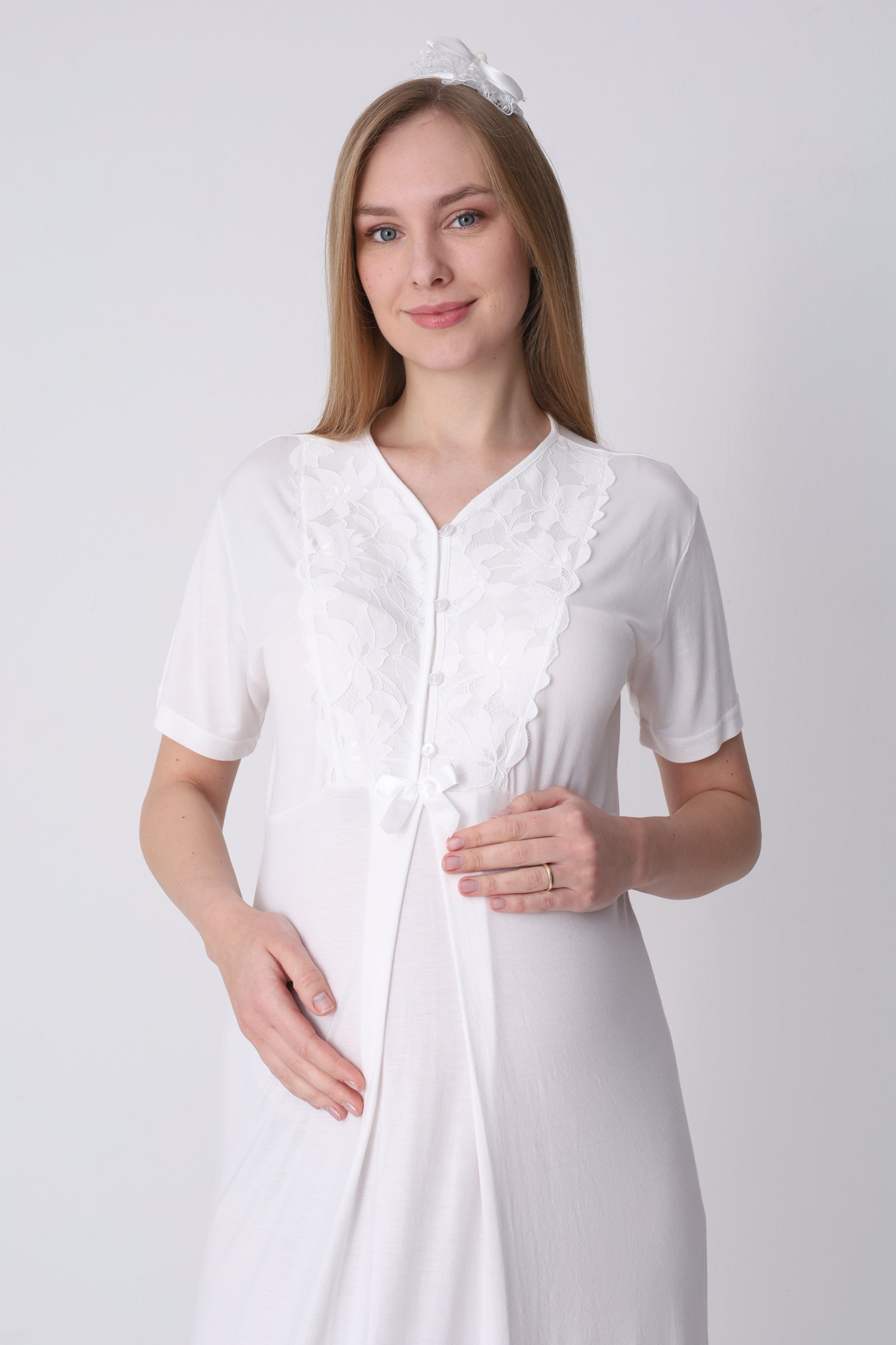 Hamile Gecelik ve Sabahlık Takımı – Lohusa Seti, Geniş Dantel Kollu Pamuklu - 2325