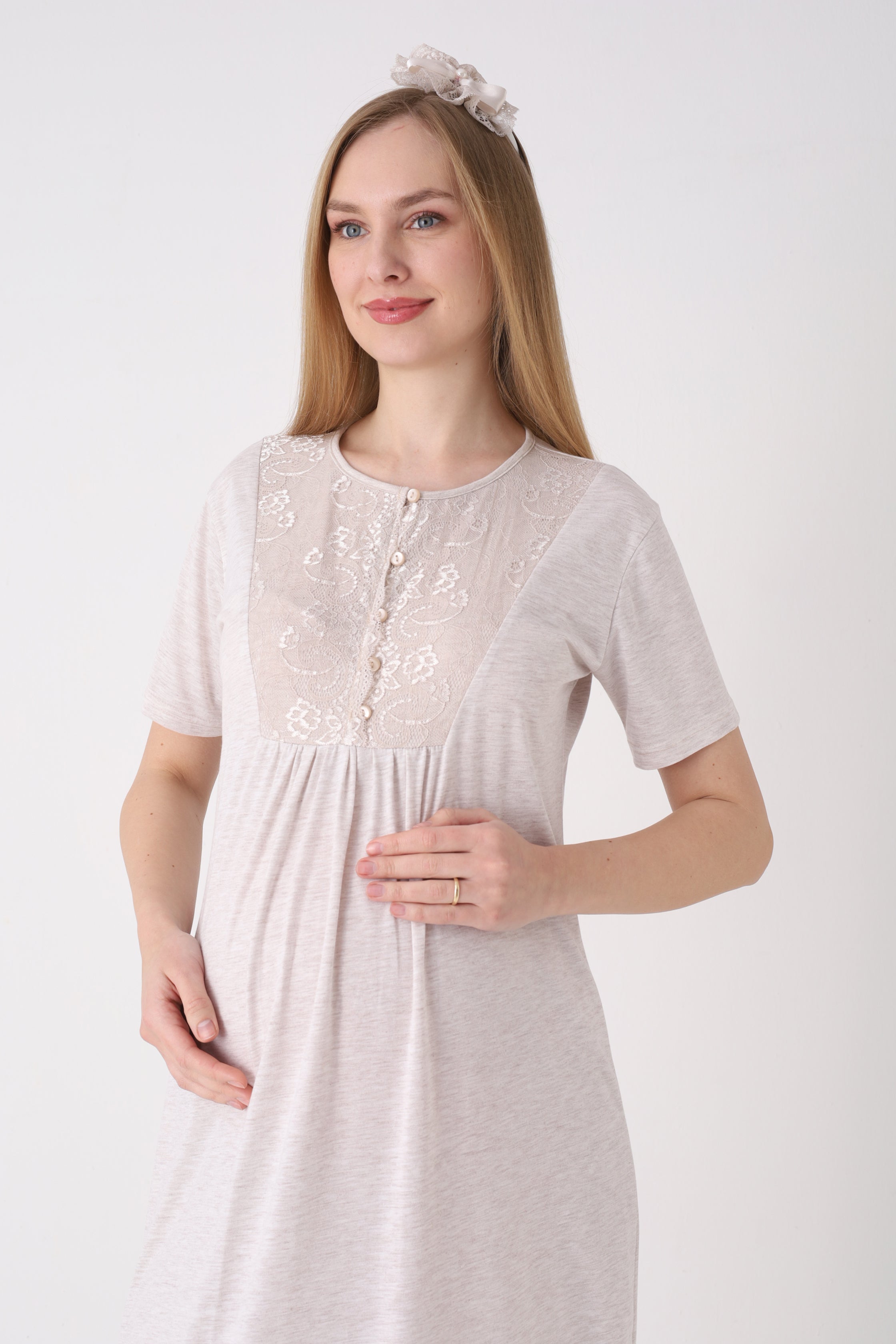 Çiçek Desenli Sabahlıklı Dantel Yakalı Lohusa Gecelik Takımı - 2327