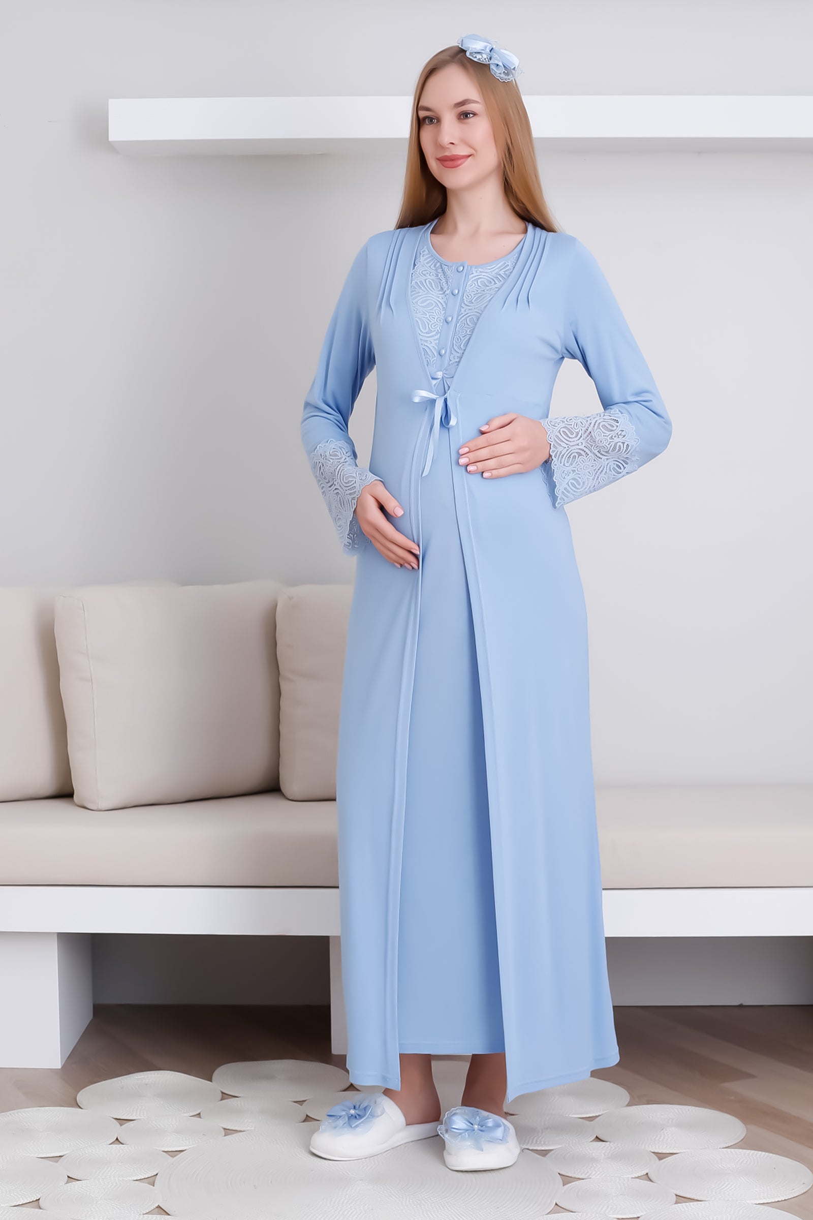 Hamile Kısa Kol Gecelik & Sabahlık Takım / Dantel ve Düğmeli Hamile Giyim - 2291