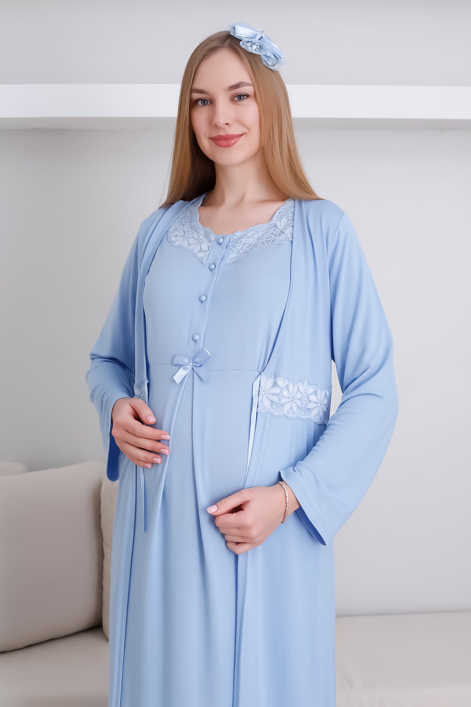 Dantelli V Yaka Hamile & Lohusa Gecelik ve Sabahlık Takım - 2292