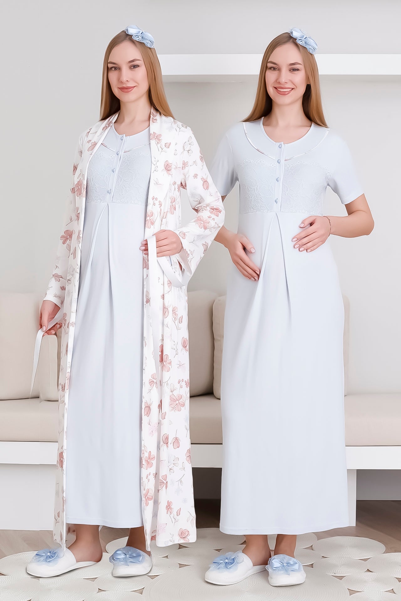 Melisa Gecelik ve Sabahlık Takımı / Hamile & Lohusa 2'li Gecelik Takımı / Kısa Kollu Gecelik - 2294