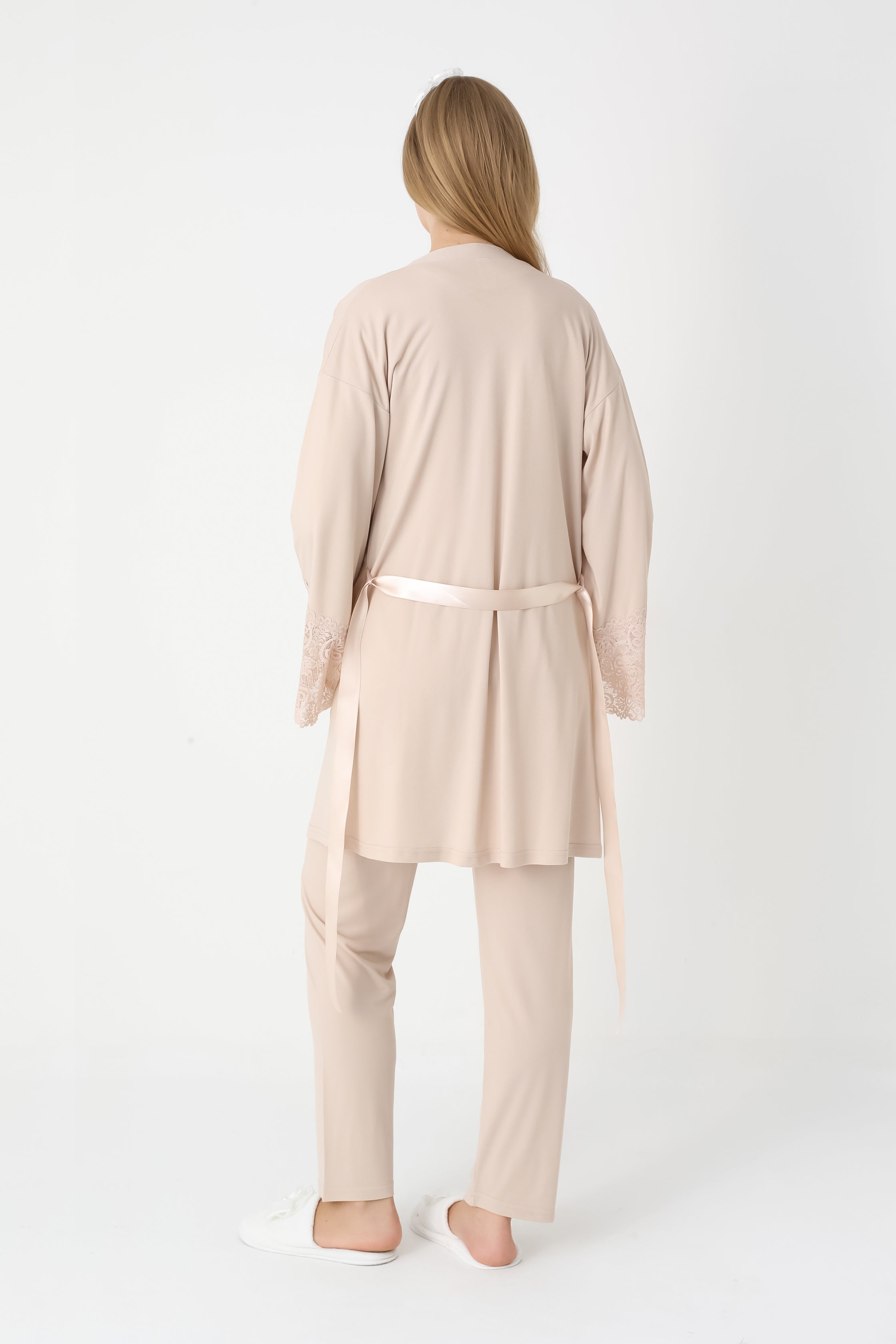 Dantel Detaylı 3'lü Lohusa Hamile Pijama ve Sabahlık Takımı - Nar Çiçeği & Bej - 3449