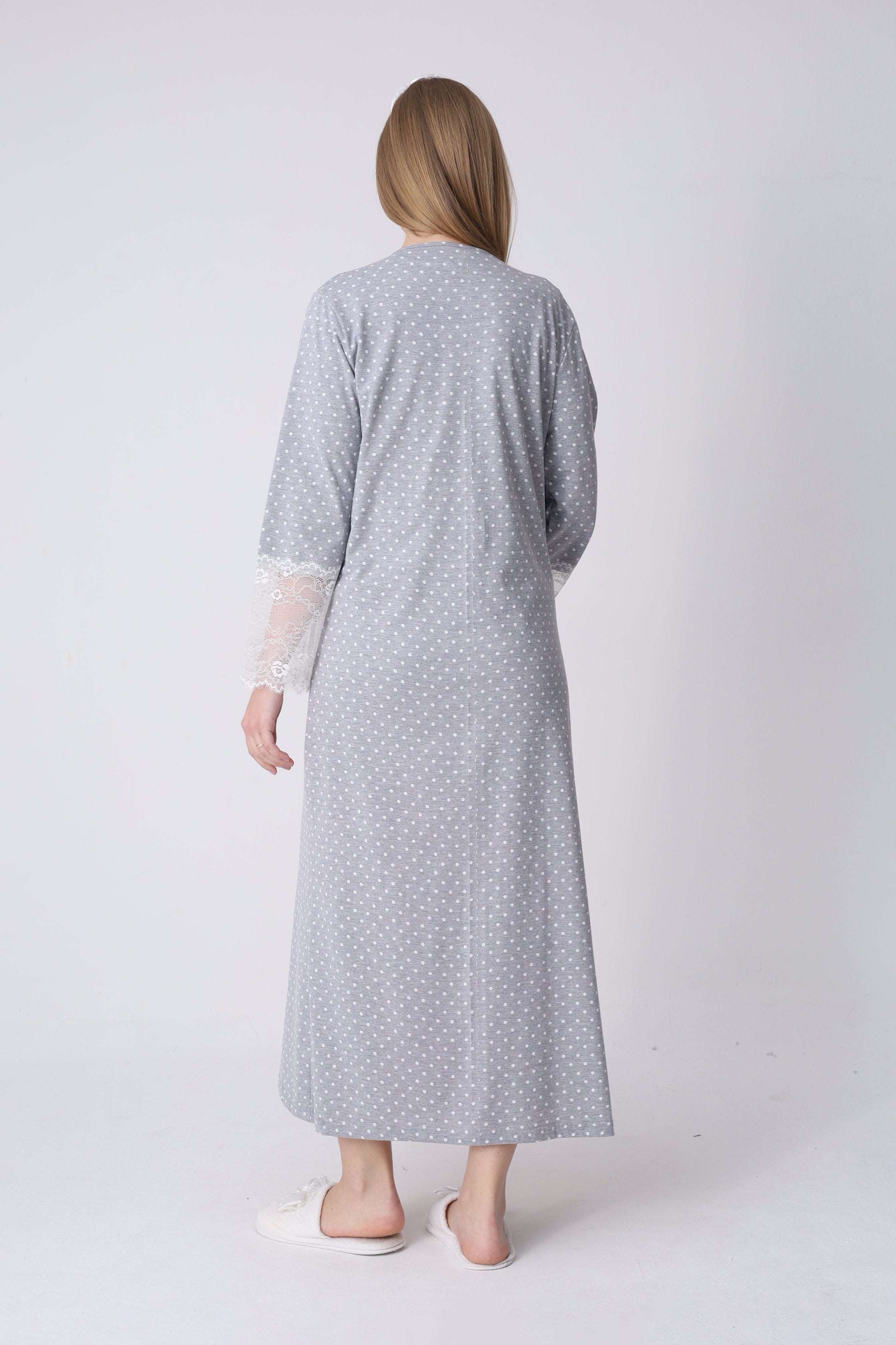 Hamile Gecelik ve Sabahlık Takımı – Lohusa Gecelik Seti, Puantiyeli Dantel Detaylı Pamuk Viskon - 2323