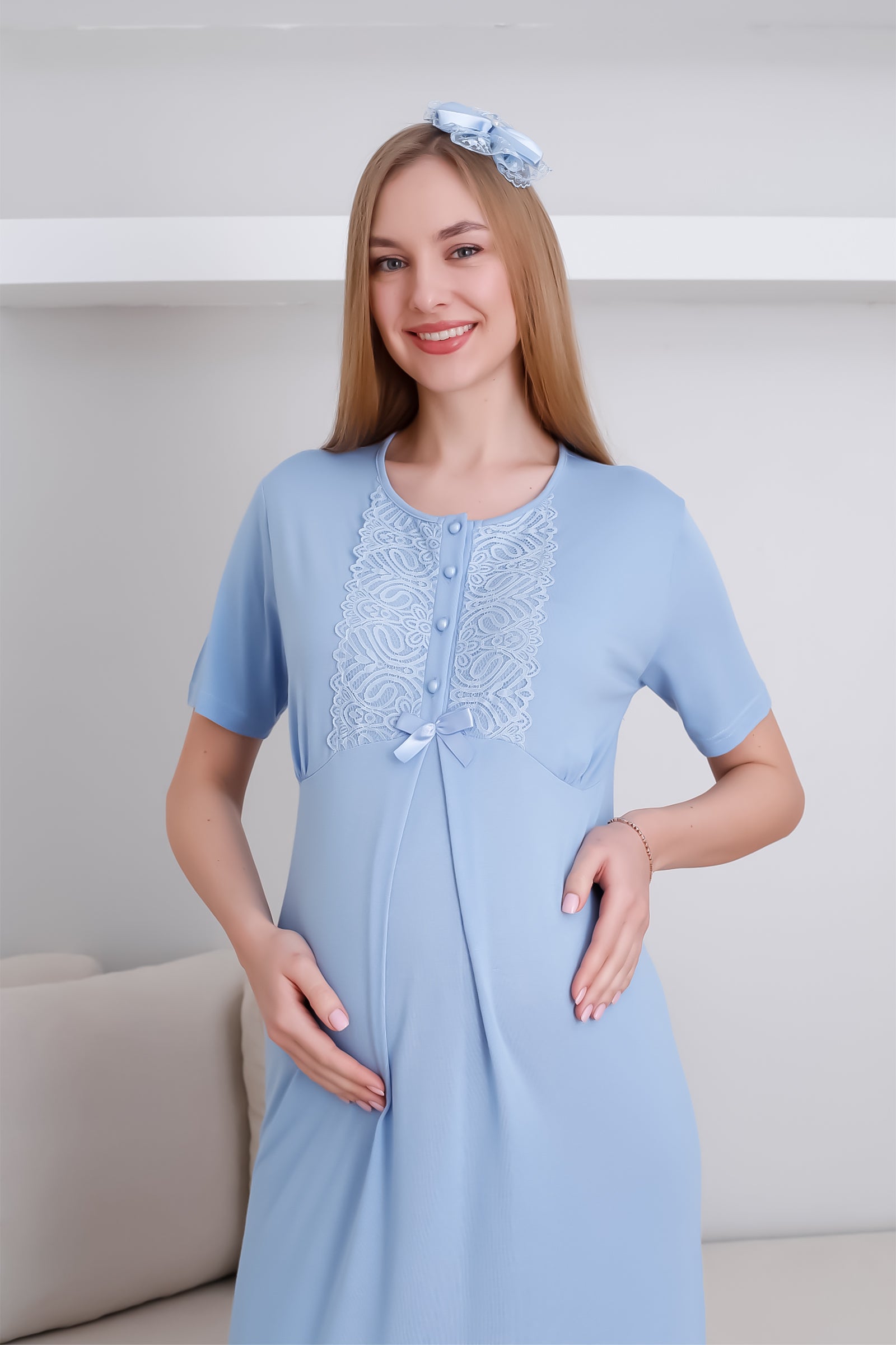 Hamile Kısa Kol Gecelik & Sabahlık Takım / Dantel ve Düğmeli Hamile Giyim - 2291