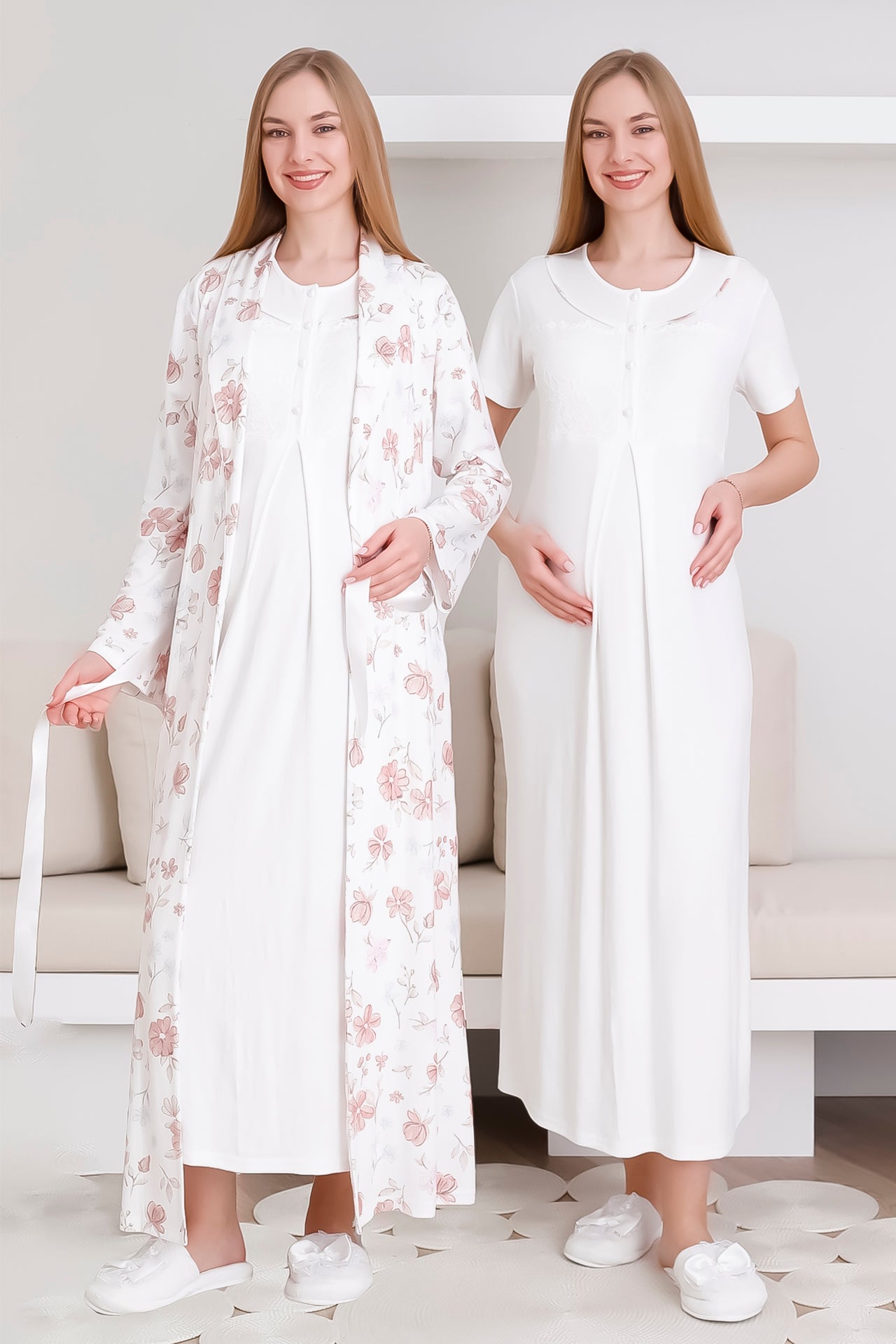 Melisa Gecelik ve Sabahlık Takımı / Hamile & Lohusa 2'li Gecelik Takımı / Kısa Kollu Gecelik - 2294