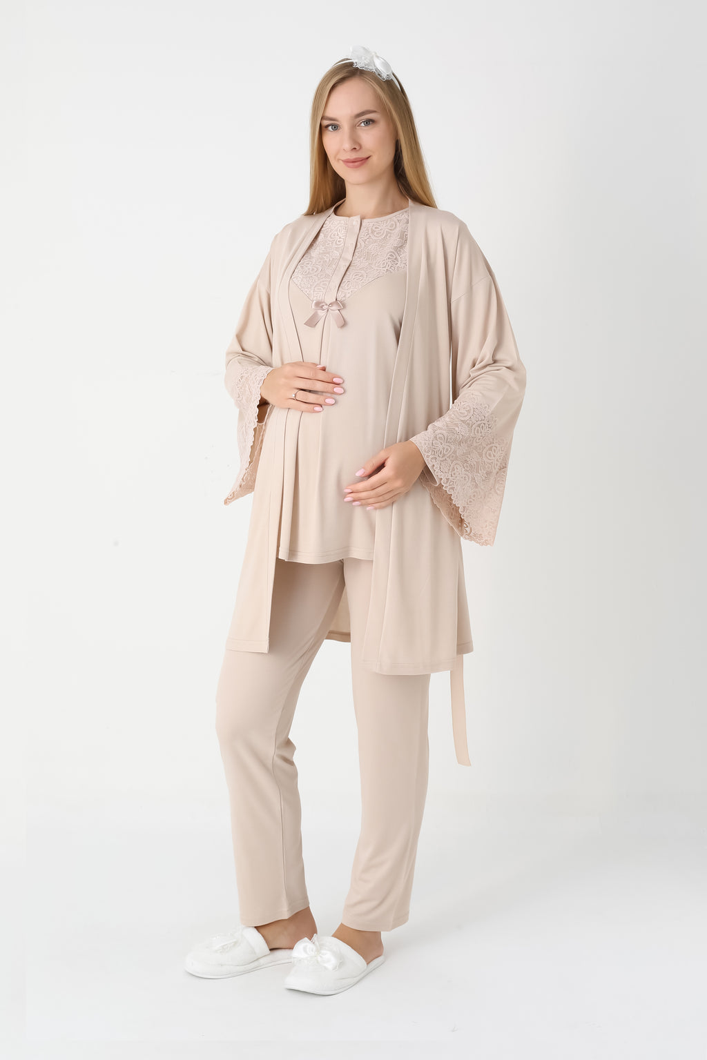 Dantel Detaylı 3'lü Lohusa Hamile Pijama ve Sabahlık Takımı - Nar Çiçeği & Bej - 3449