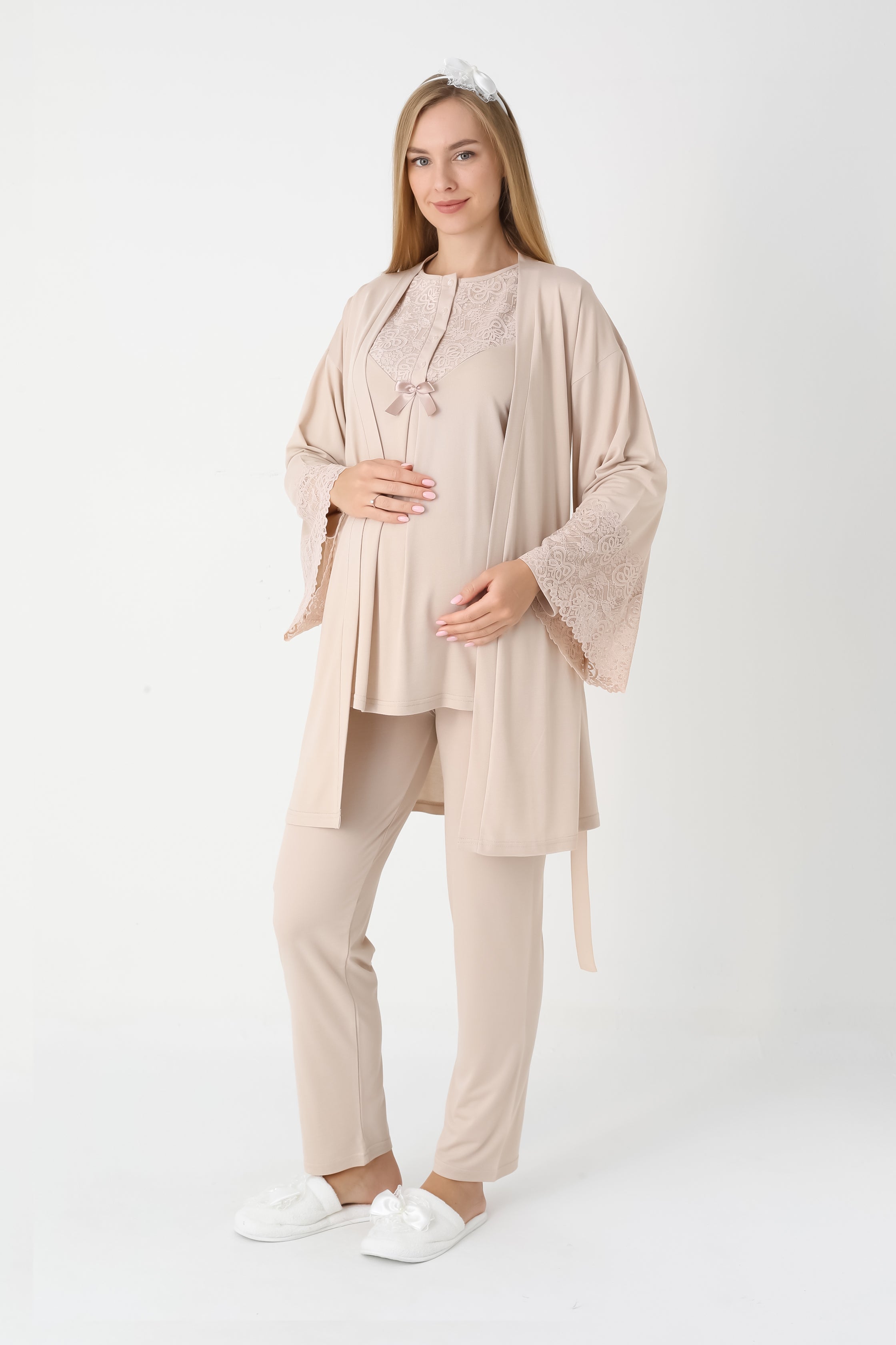 Dantel Detaylı 3'lü Lohusa Hamile Pijama ve Sabahlık Takımı - Nar Çiçeği & Bej - 3449