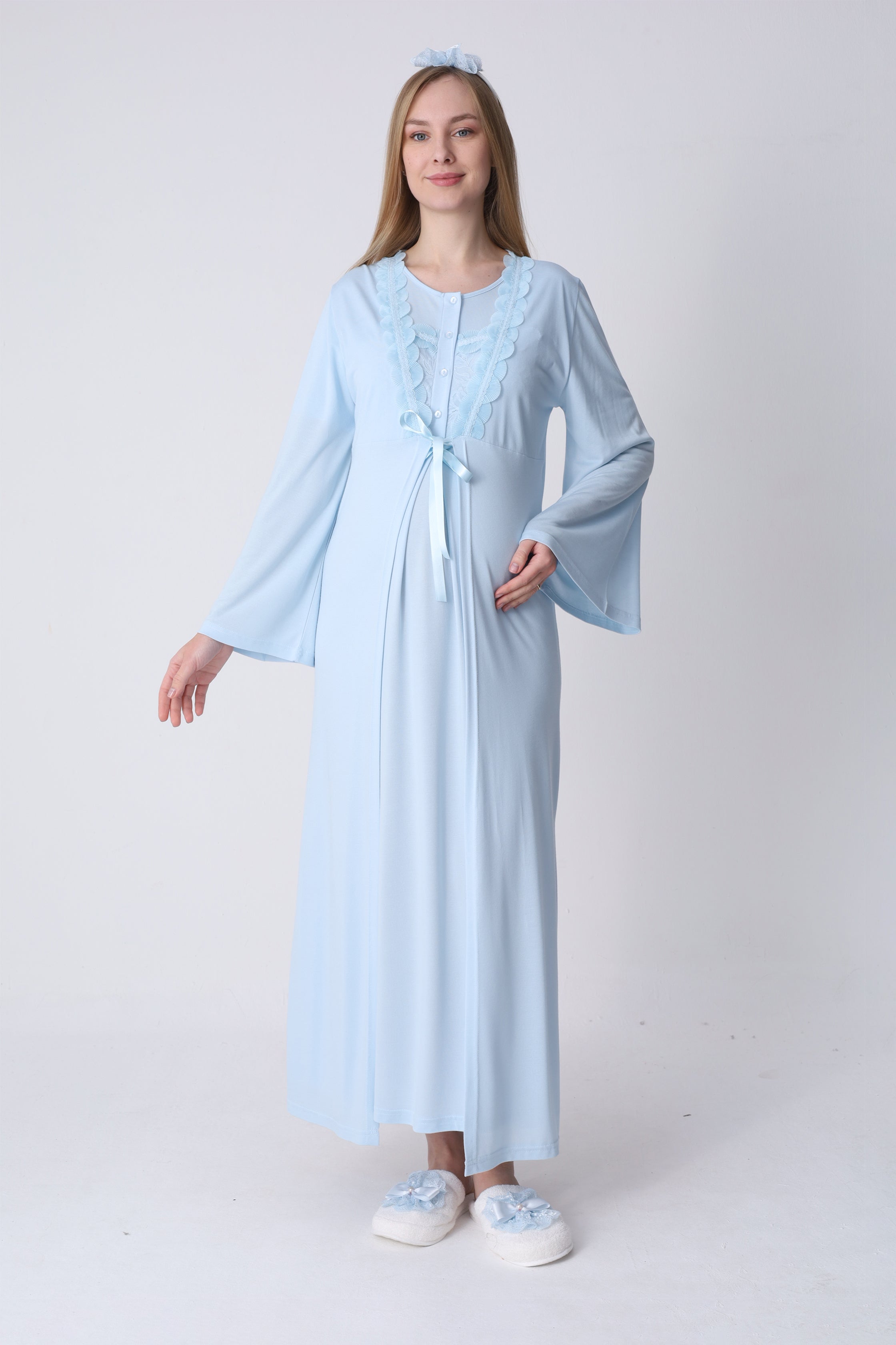 Hamile Gecelik ve Sabahlık Takımı – Lohusa Gecelik Seti, İspanyol Kollu Yaka Dantelli Pamuk Viskon - 2324