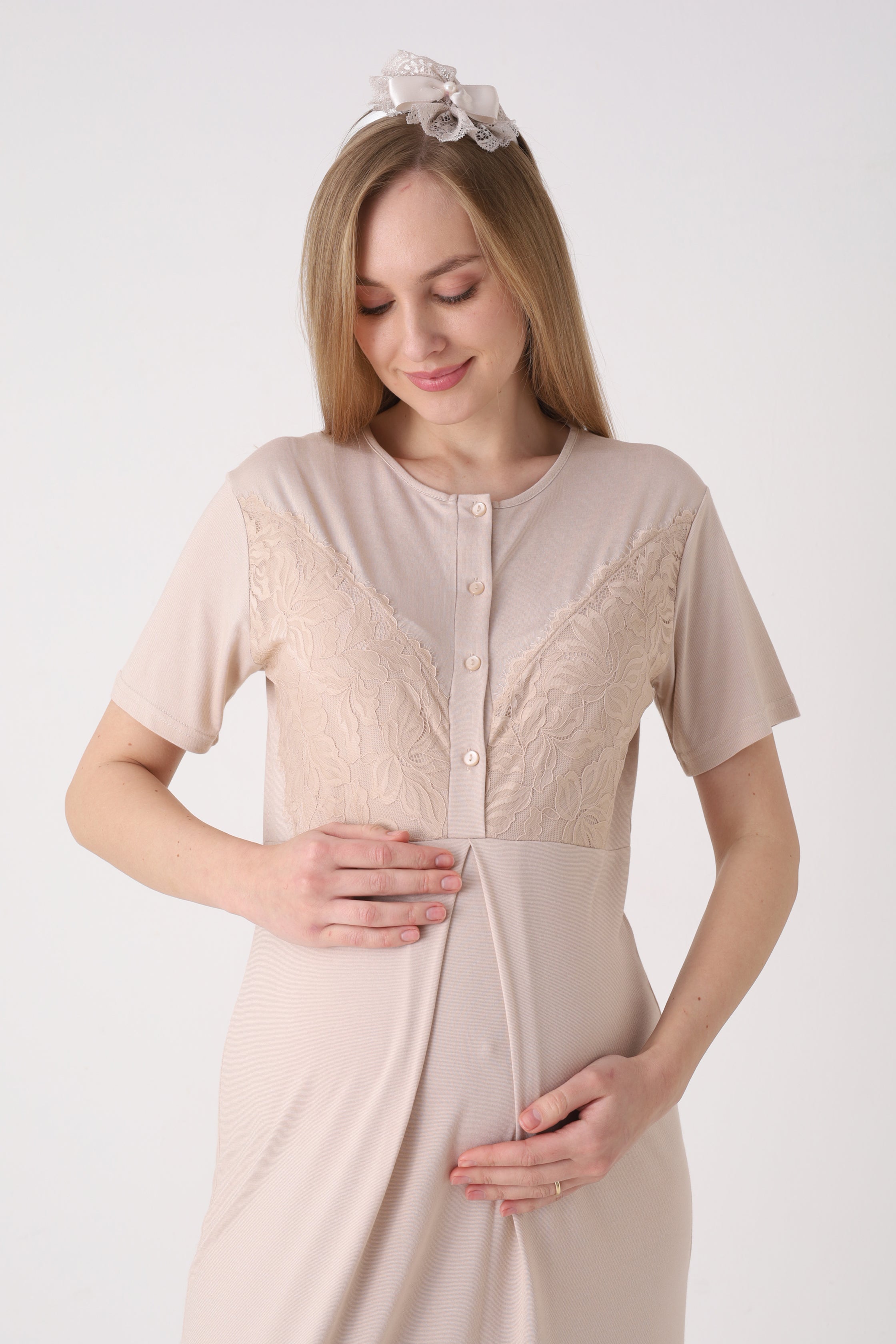 Fitilli Sabahlıklı Dantelli Hamile Lohusa Gecelik Takımı - 2326