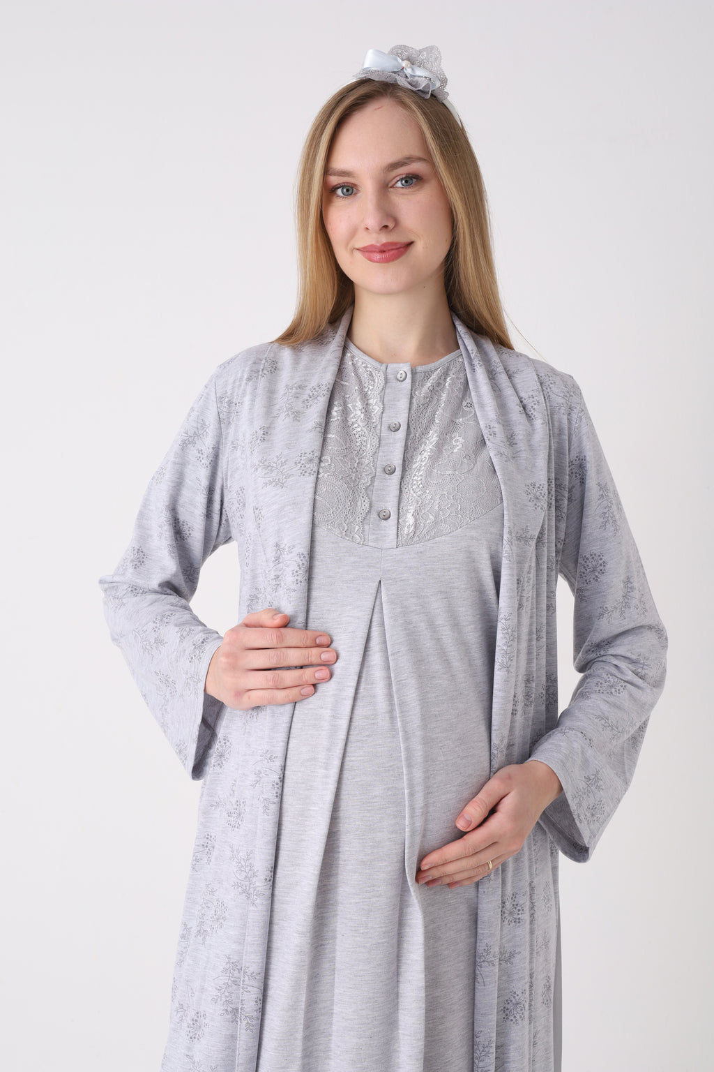 Dantelli Melanj Dokulu Hamile Lohusa Gecelik Sabahlık 2'li Takım - 2328